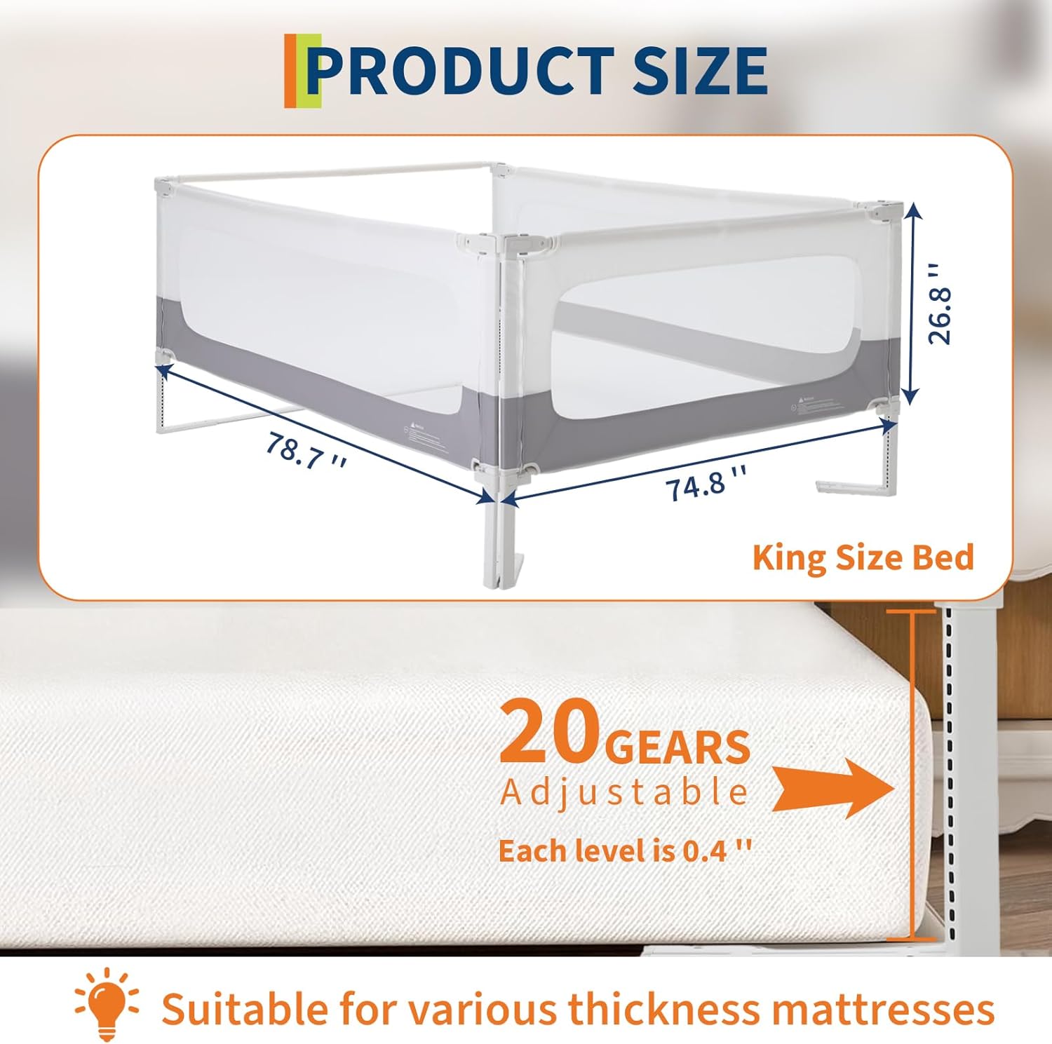 3 Piece Bed Rails for Toddlers, King Size Bed Rails for Babies, No-Drill Needed with Height Adjustable, Thickened Child Safety Side Railing Guards/Bedrail for Kids, White/Grey, 74.8x78.7x78.7in