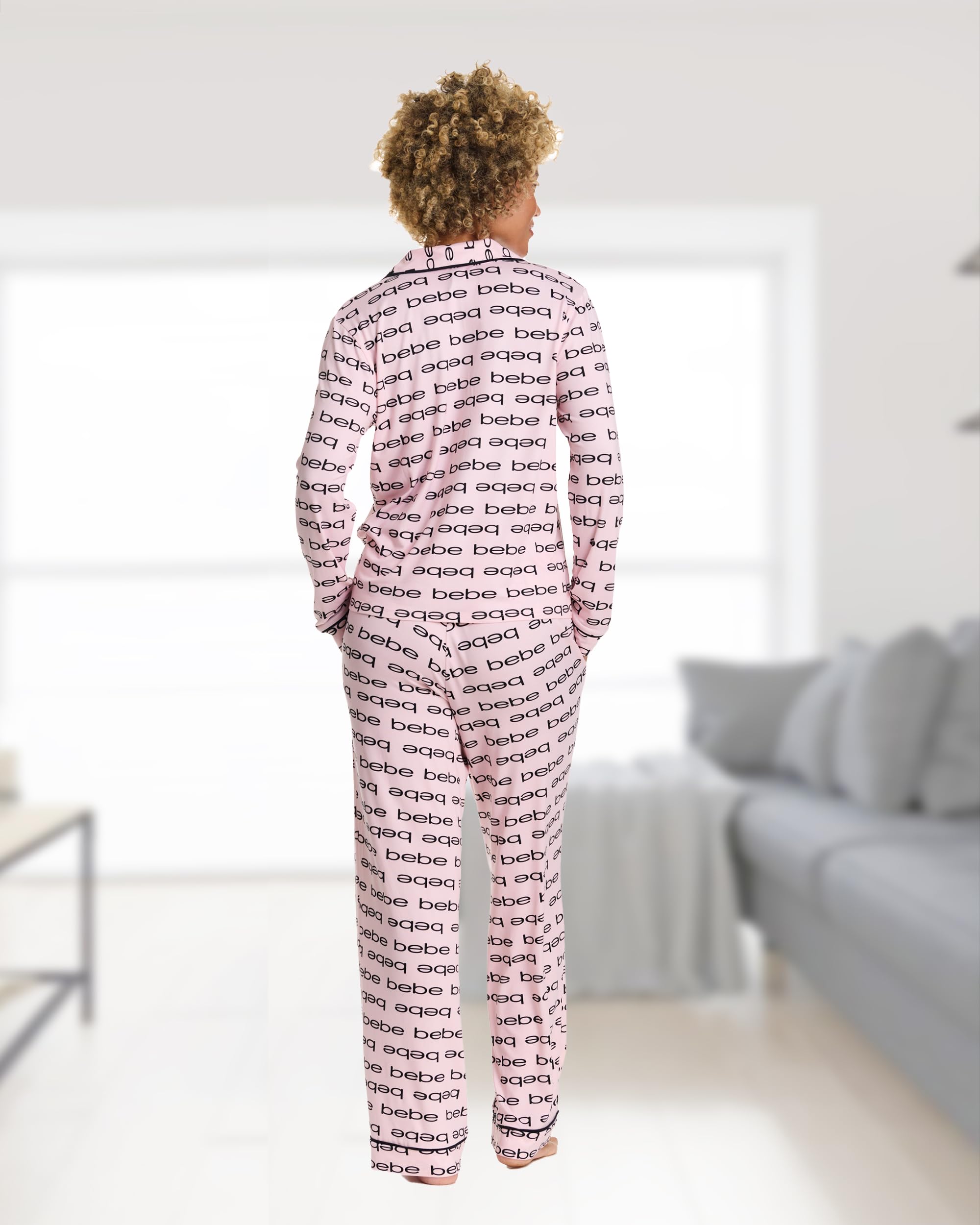 bebe Button Down Pajamas for Women, Long Sleeve Button Up Pajamas with Pants, Ladies Sleepwear PJ Set (Rose Shadow, Large)
