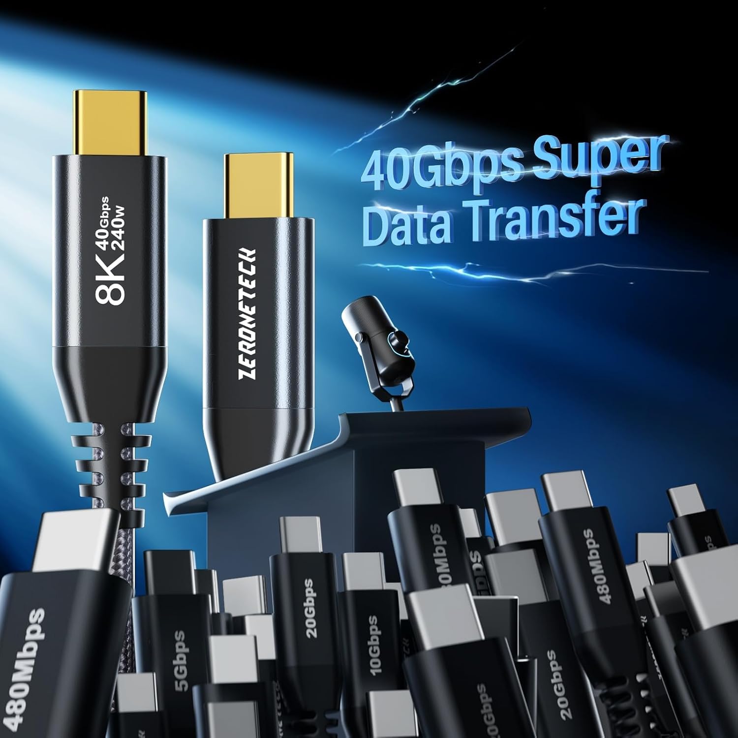 ZeroneTeck Lot de 2 câbles USB C 40 Gbit/s pour Thunderbolt 4 de 30 cm, transfert de données 40 Gbit/s, [8K @ 60 Hz/double 4K @ 60 Hz] Câble de moniteur USB C court, cordon de charge USB4 de 240 W