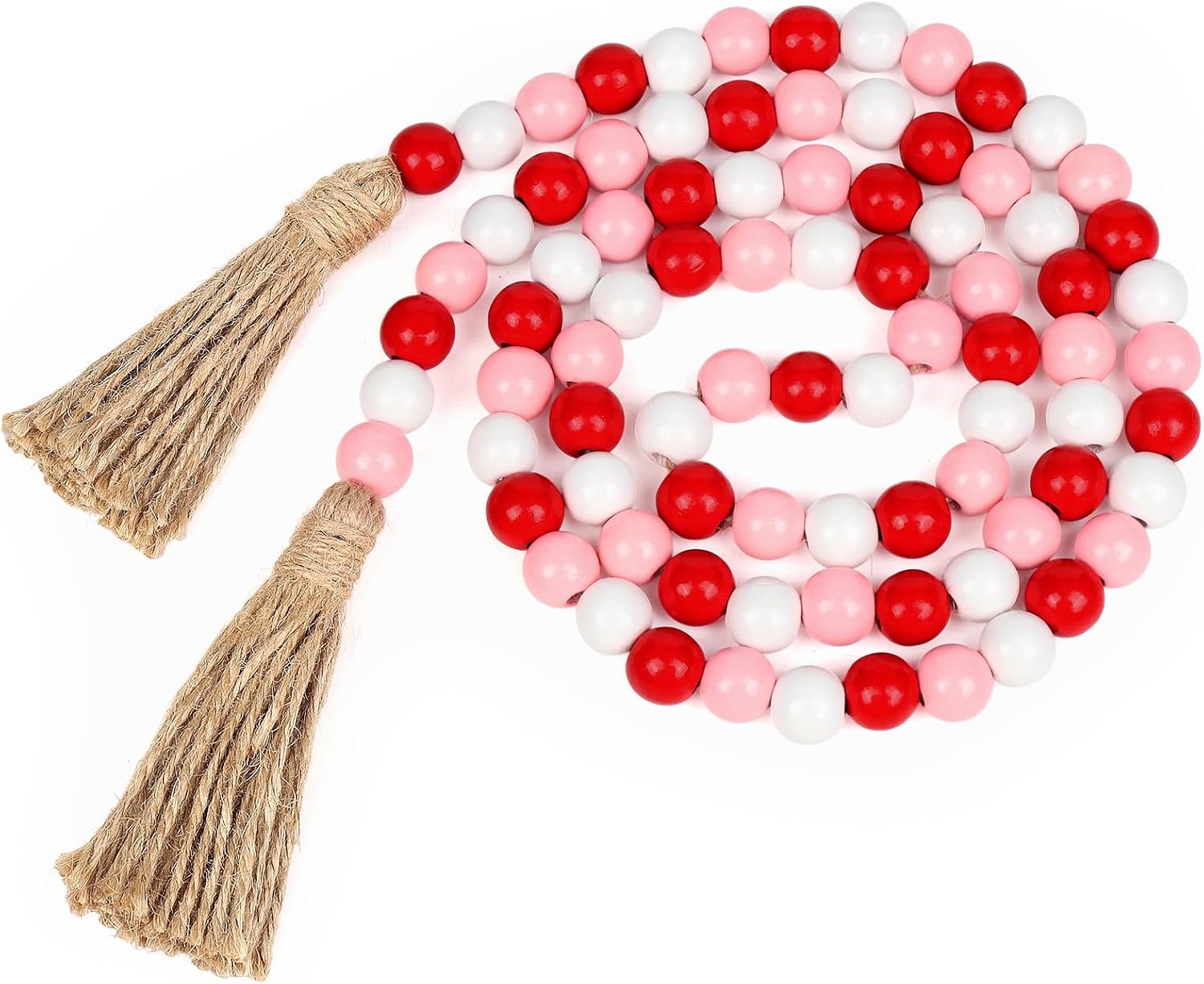 Valentine Wood Bead Garland with Tassel, 56 Inch Rustic Farmhouse Beads Decor, Valentines Boho Wood Bead Garland for Mother's Day Valentine's Day Chirsmas Home Decorations (Red Pink White)
