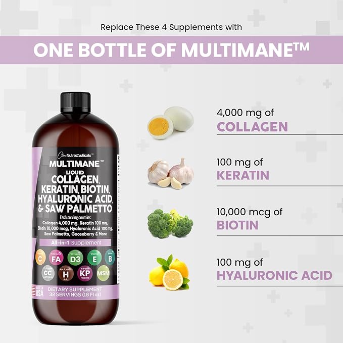 Clean Nutraceuticals Liquid Collagen 4000mg Biotin 10000mcg Keratin 100mg Saw Palmetto Hyaluronic Acid 100mg - Hair Skin & Nails Vitamins & DHT Blocker with Vitamin D3 MSM 50mg Made in USA - 16 Fl. Oz