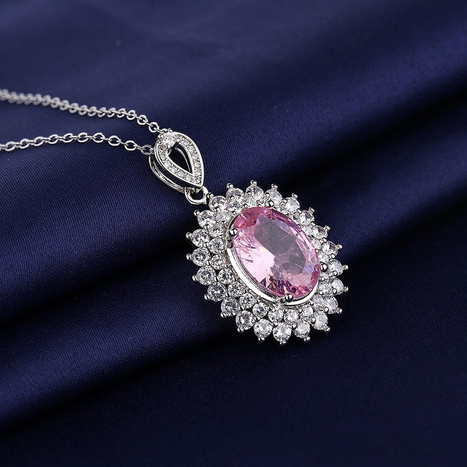 Collar de cadena de oro blanco de 18 quilates para mujer, gargantilla delicada con flor de lujo con topacio rosa ovalado y diamante de laboratorio para mujer, oro blanco
