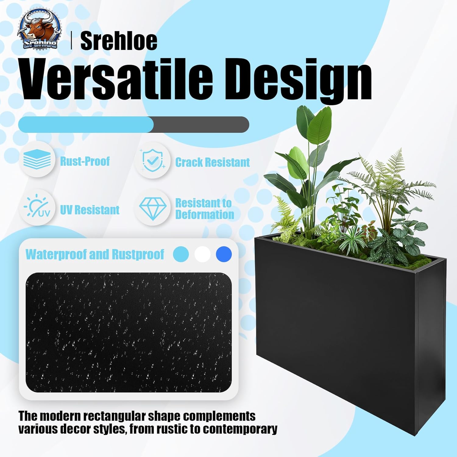 Metal Planter Box for Outdoor Plants 38" x 10" x 30" Large Rectangular Planter Cube Steel Heavy Duty Flower Pot with Insert Shelf and Drainage Holes Suitable for Patio Yard Garden Porch Hotel
