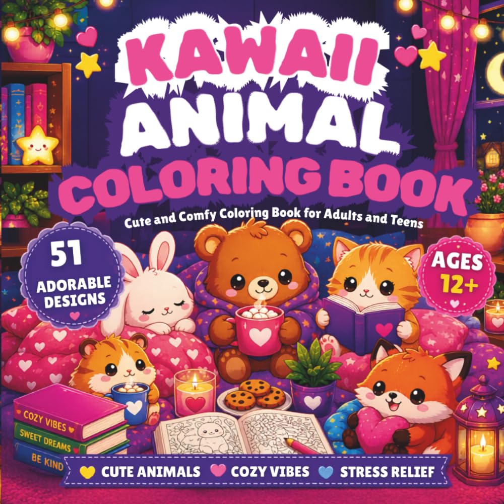 Kawaii Animal Coloring Book: Cute and Comfy Coloring Book for Adults and Teens with 51 Adorable Designs for Relaxation and Stress Relief