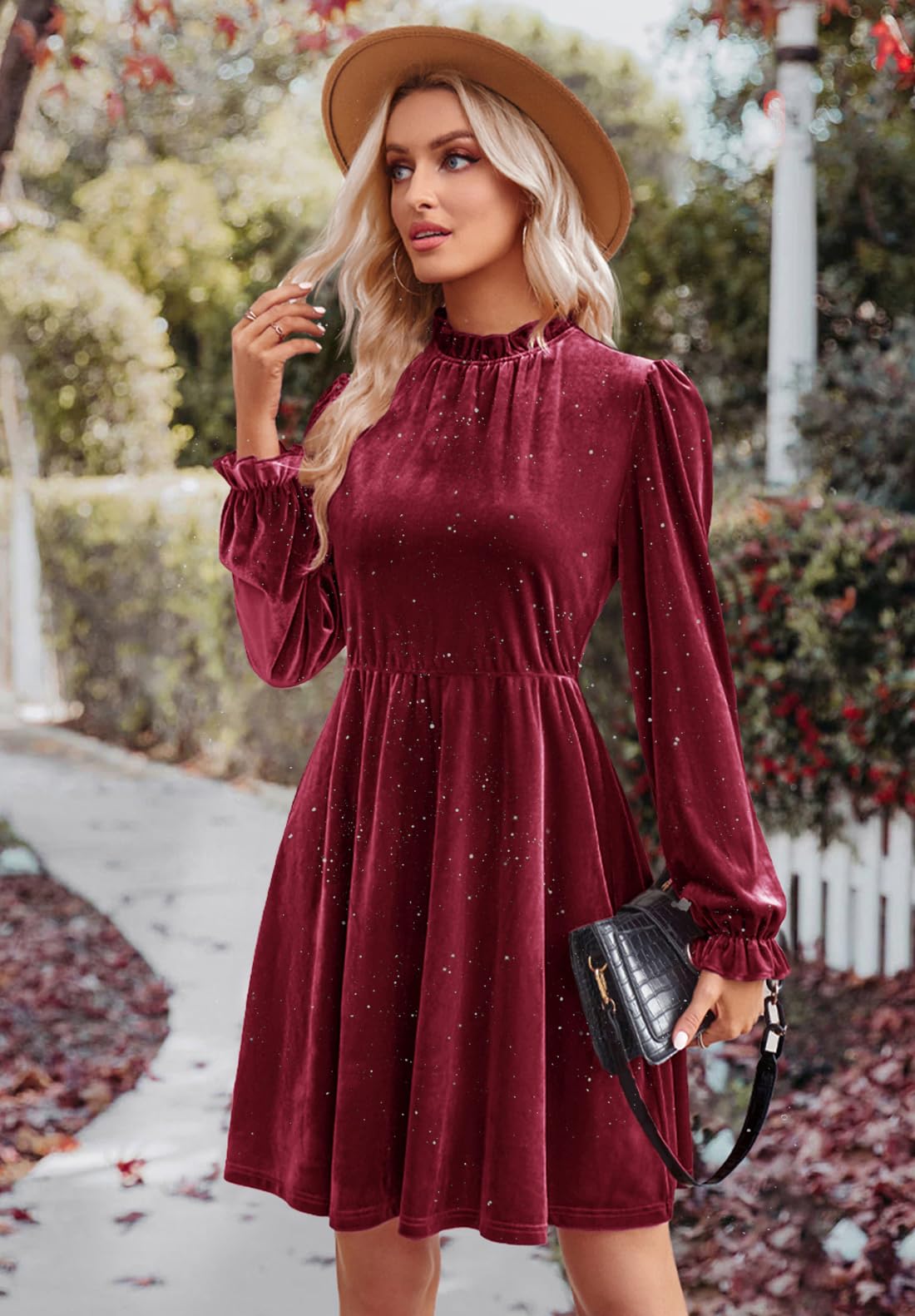 JayscreateEU Damen Smatkleid Kleid Damen A-Linie Hohe Taille Herbstkleid winterkleid Kurzkleid Elegant Partykleid Knielang Kleider Damen Festlich Kleid Langarm Damen Weihnachtskleid Damen