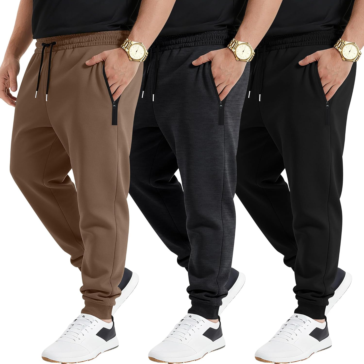 3 Pack Men's Joggers Zipper Sweatpants, Athletic Loose Fit Pants Drawstring for Gym Running Soccer with Pockets