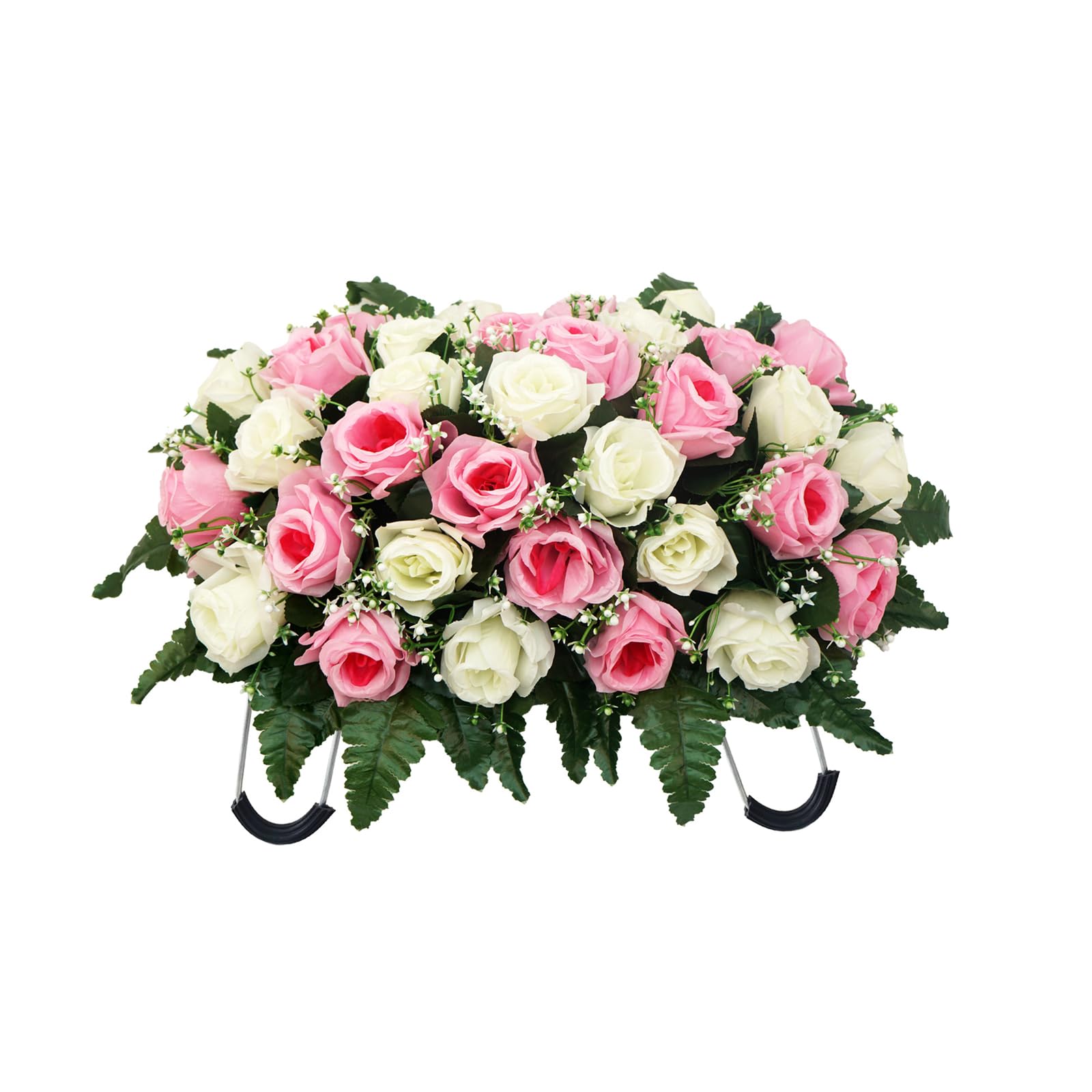 Buxuaaaa Artificial Cemetery Flower Arrangement Realistic Rose Cemetery Tombstone Flower Wreath for Graveside Decoration Waterproof Grave