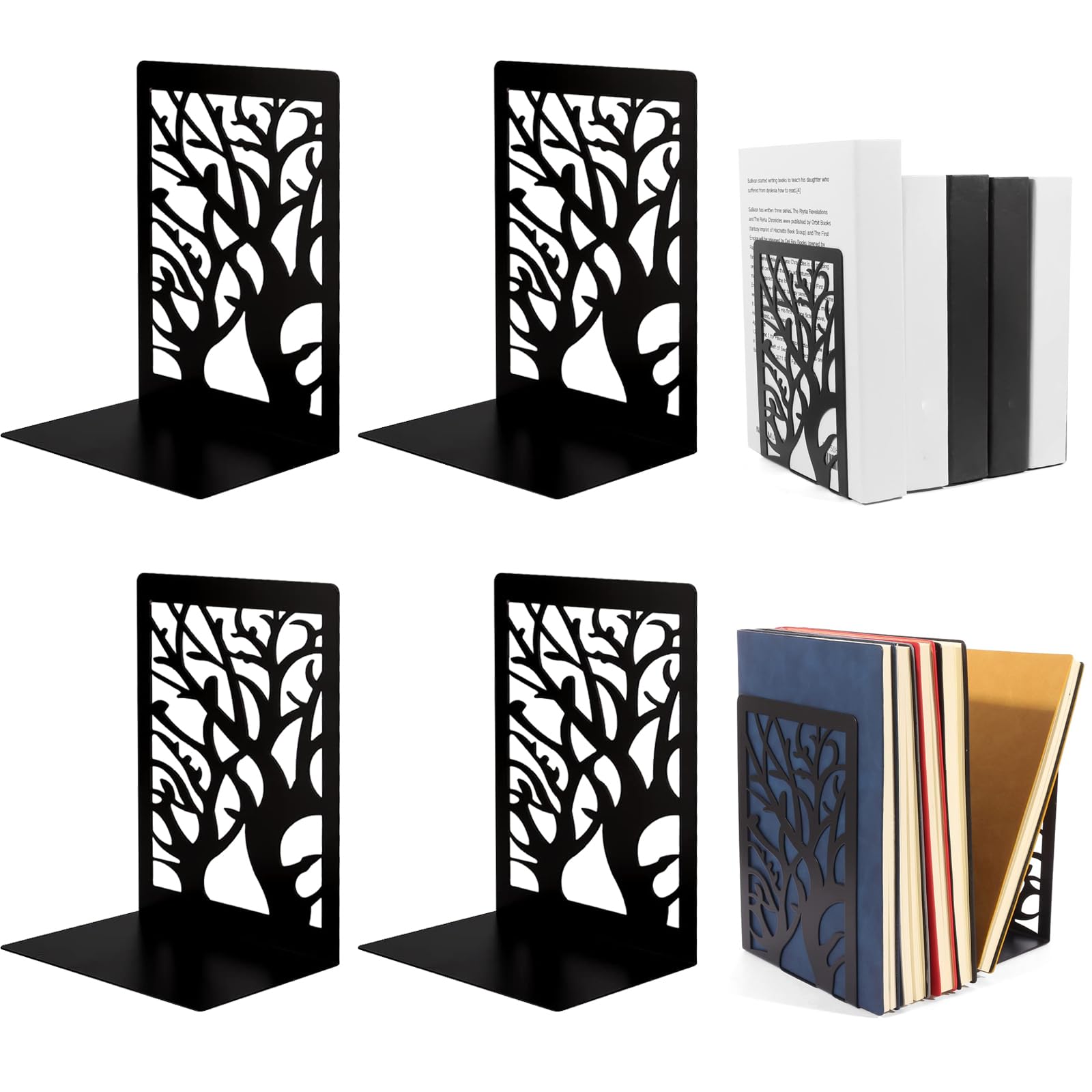 2 Pares Sujetalibros Estanteria, Sujeta Libros Metal Apoya Libros para Estanteria Soporte Libros Decorativo Tapones para Estantes de Libros para Oficina Biblioteca Hogar Escuela (Negro 2)