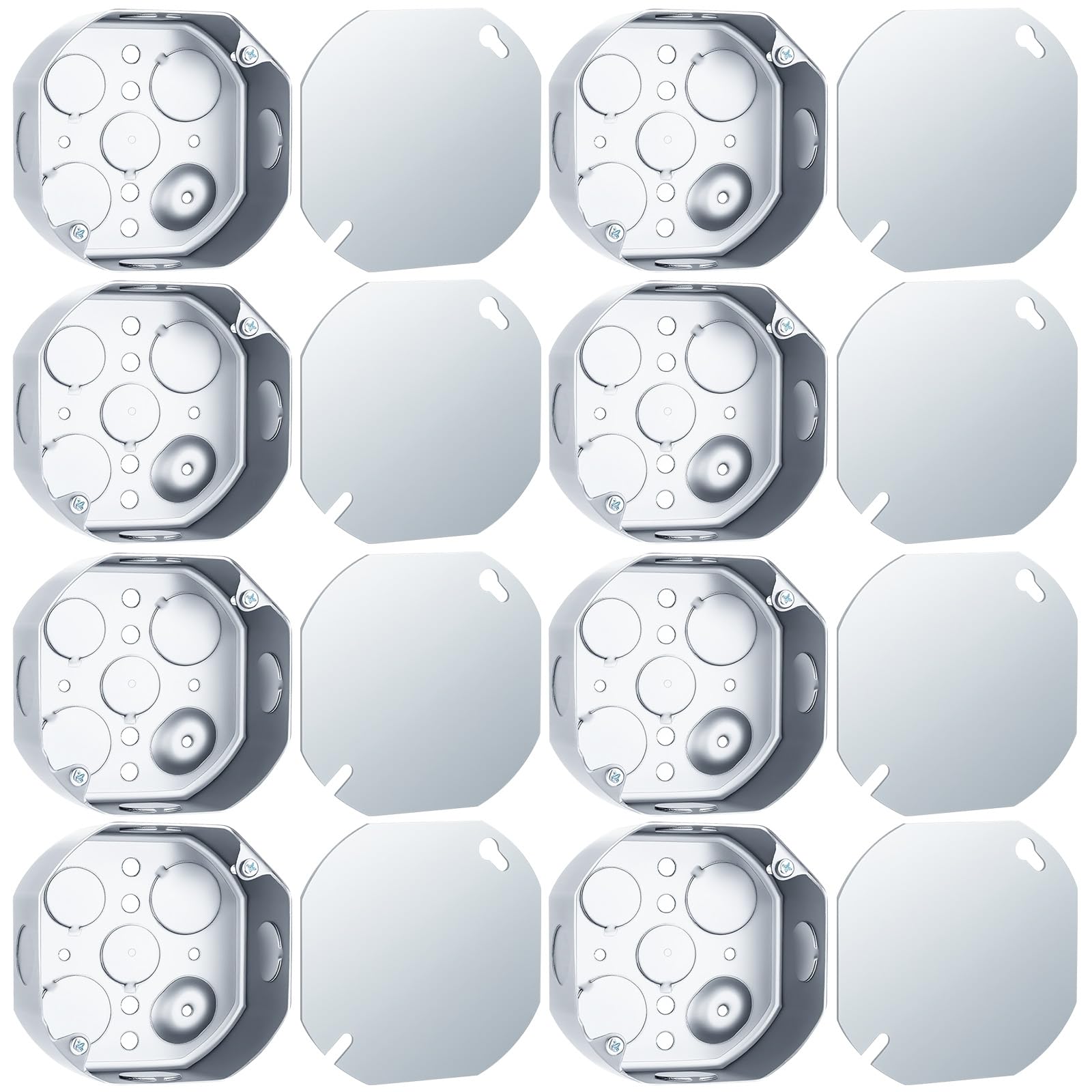 Scatola elettrica in metallo con coperchio, scatola di giunzione ottagonale da 10,2 cm x 10,2 cm, scatola di derivazione in metallo solido freddo per soffitto o parete, acciaio zincato argento