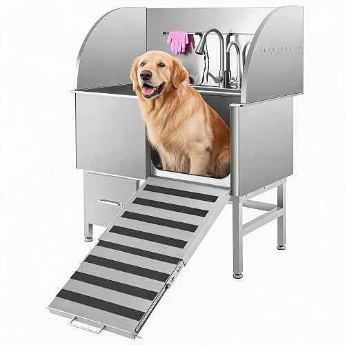 Garvee 50" Professional Dog Grooming Tub, Large Stainless Steel Dog Washing Station, Pet Dog Bathing Station with Ramp, Faucet, Storage Drawer, Floor Grate Dog Bathtub (Right Ramp)