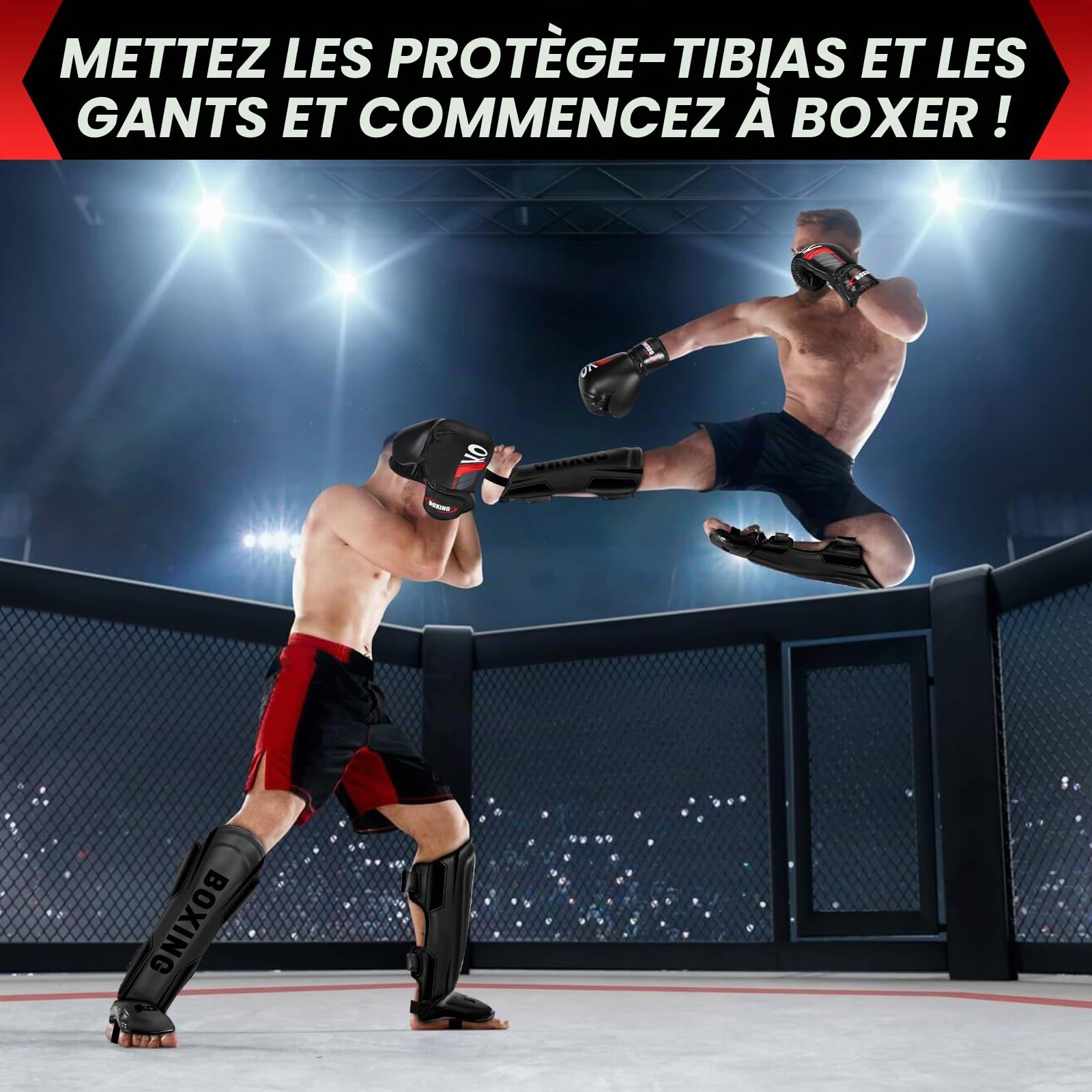 NZQXJXZ Protege Tibia Boxe avec Gants de Boxe 16oz, Protège-Tibias de Kickboxing Muay Thai Arts Martiaux, Protège-Jambes Réglables avec Protection du Cou-De-Pied pour l'Entraînement et Le Sparring MMA