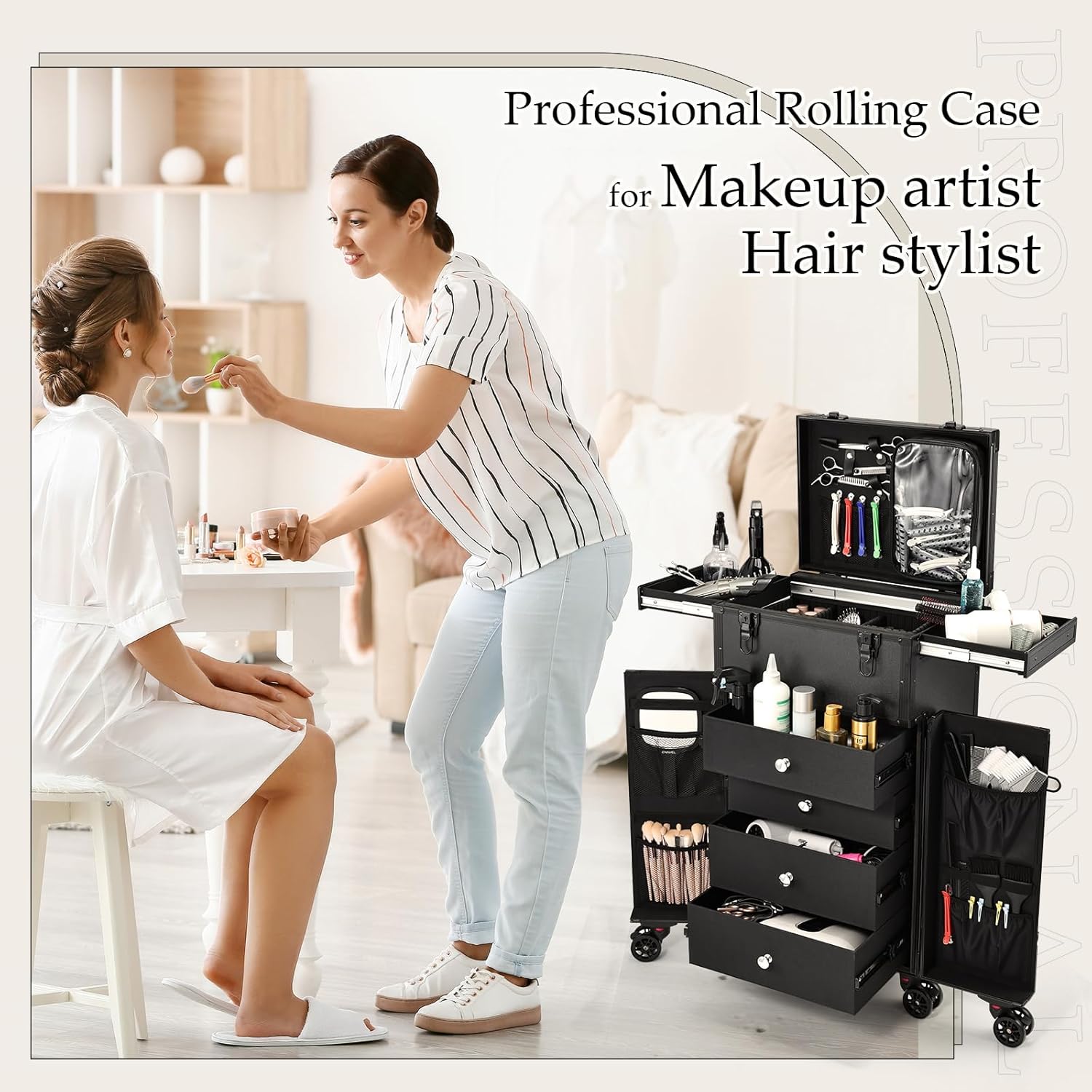 Joligrace Professional Rolling Makeup Case 4 Drawers Pro Makeup Artist Cosmetic Train Case Hairstylist Travel Case Portable Make Up Station with Multiple Compartments Extra Large - Black - Image 3