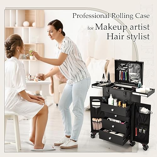 Miniatura 3 de Joligrace Estuche de maquillaje profesional con ruedas con 4 cajones para artista de maquillaje profesional, estuche de tren cosmético, estuche de