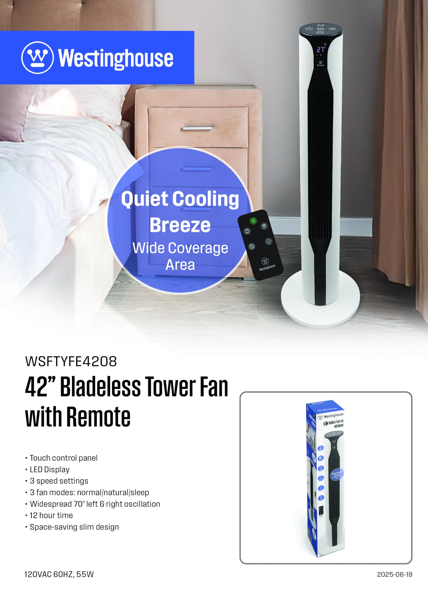 Westinghouse 42" Slim & Quiet Bladeless Tower Fan with Remote Control | Touch & LED Display | 3 Speeds + 3 Modes (Normal/Natural/Sleep) | 70° Oscillation + 12-Hour Timer | WSFTYFE4208 | 42 inches 3