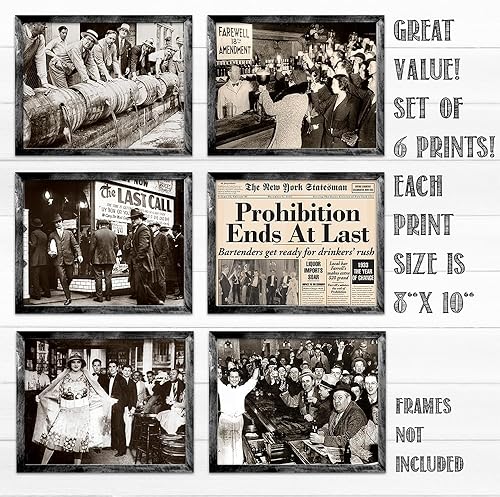 Miniatura 2 de Juego de 6 carteles de pared de la era de la prohibición vintage, de 8 x 10 pulgadas, sin marco, escenas históricas de bar en tono sepia, obras de