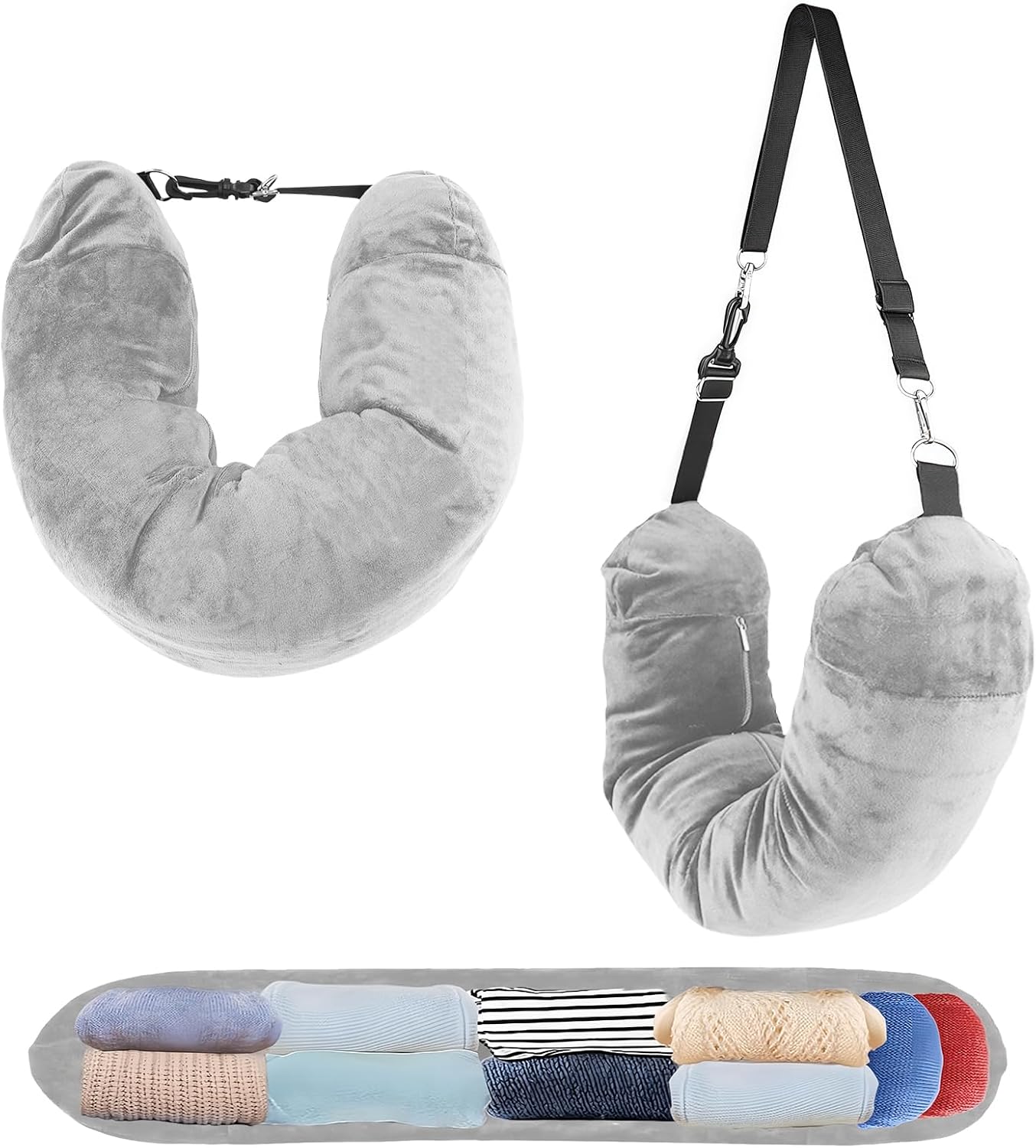 OIHCAZ Stuffable Travel Pillow, Fillable Neck Pillow for Travel with Adjustable Straps, Portable Soft Airplane Pillows Stuffable with Clothes for Essentials Extra Luggage, Travel Essentials (Gray)