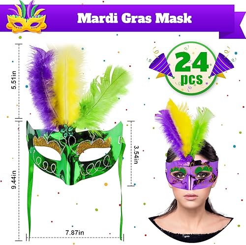 Miniatura 2 de 24 máscaras de Mardi Gras con plumas, máscaras para mujeres y hombres, accesorios de disfraz de Mardi Gras, suministros de recuerdos de fiesta de