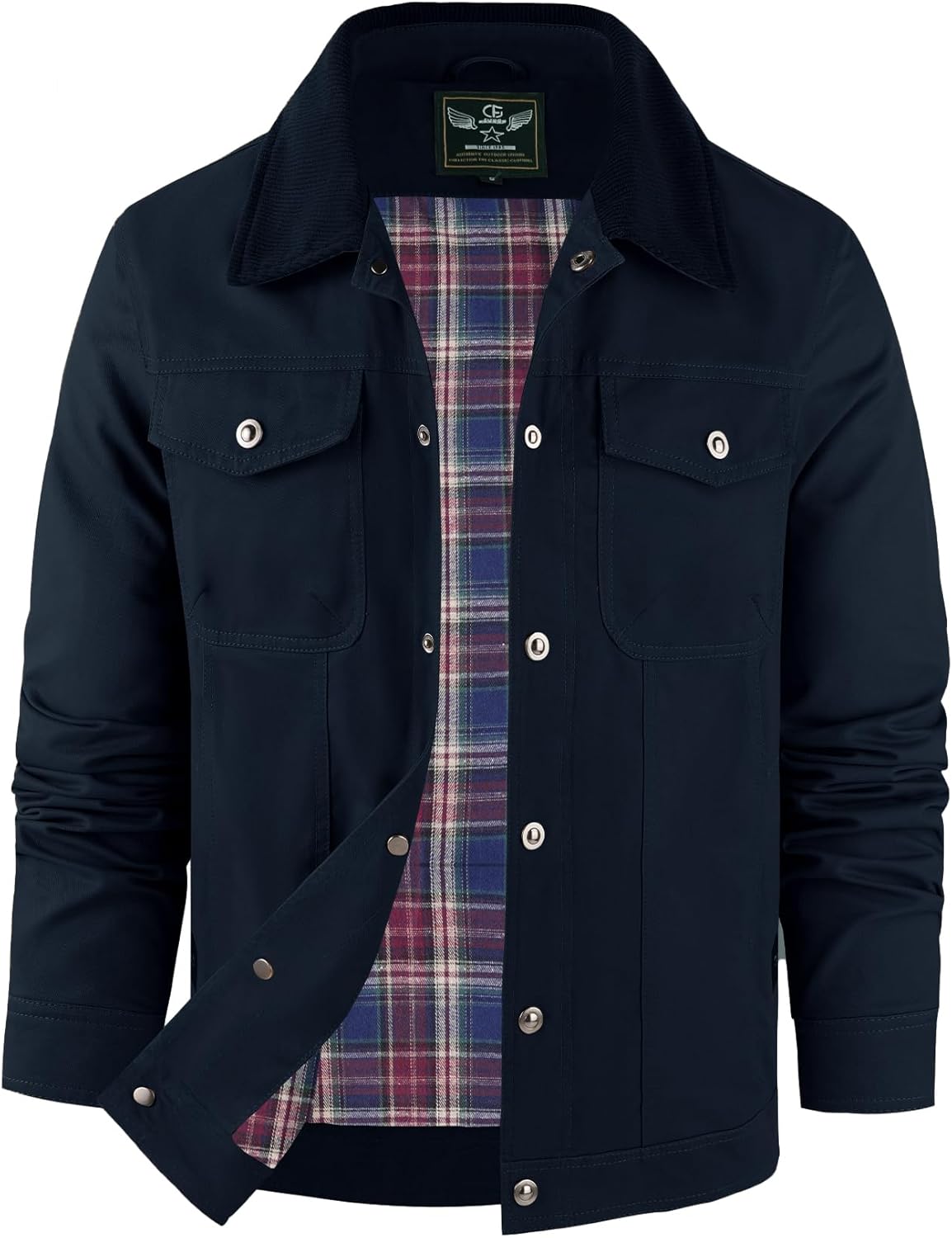 Flygo Mens Flannel Lined Shirt Jacket Cotton Corduroy Turndown Collar Snap Button Rugged Cargo Trucker Jacket Multi Pockets