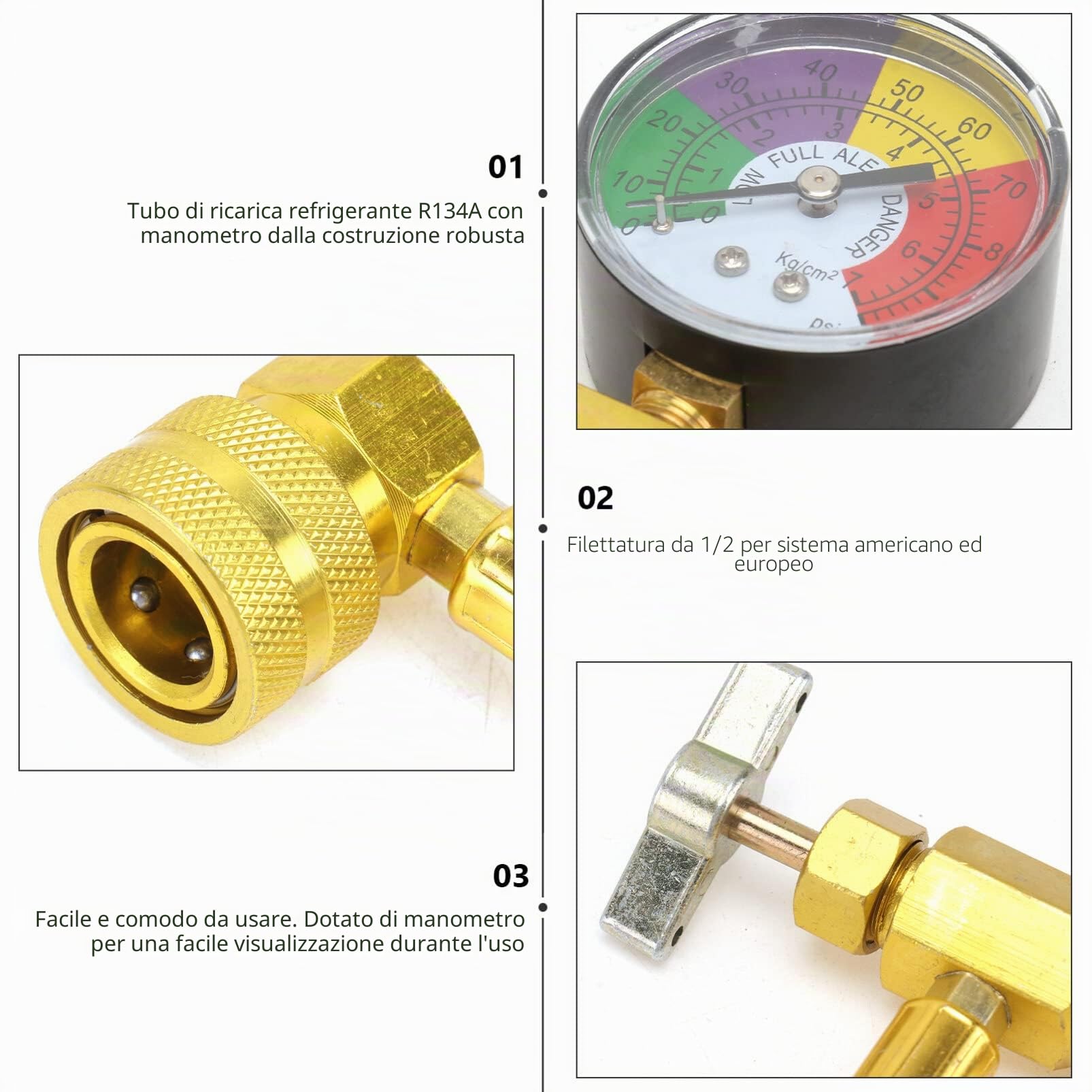 VOSAREA Tubo di riempimento refrigerante per condizionatore R134A con manometro per Auto (1/2 Filettatura per America e Europa)