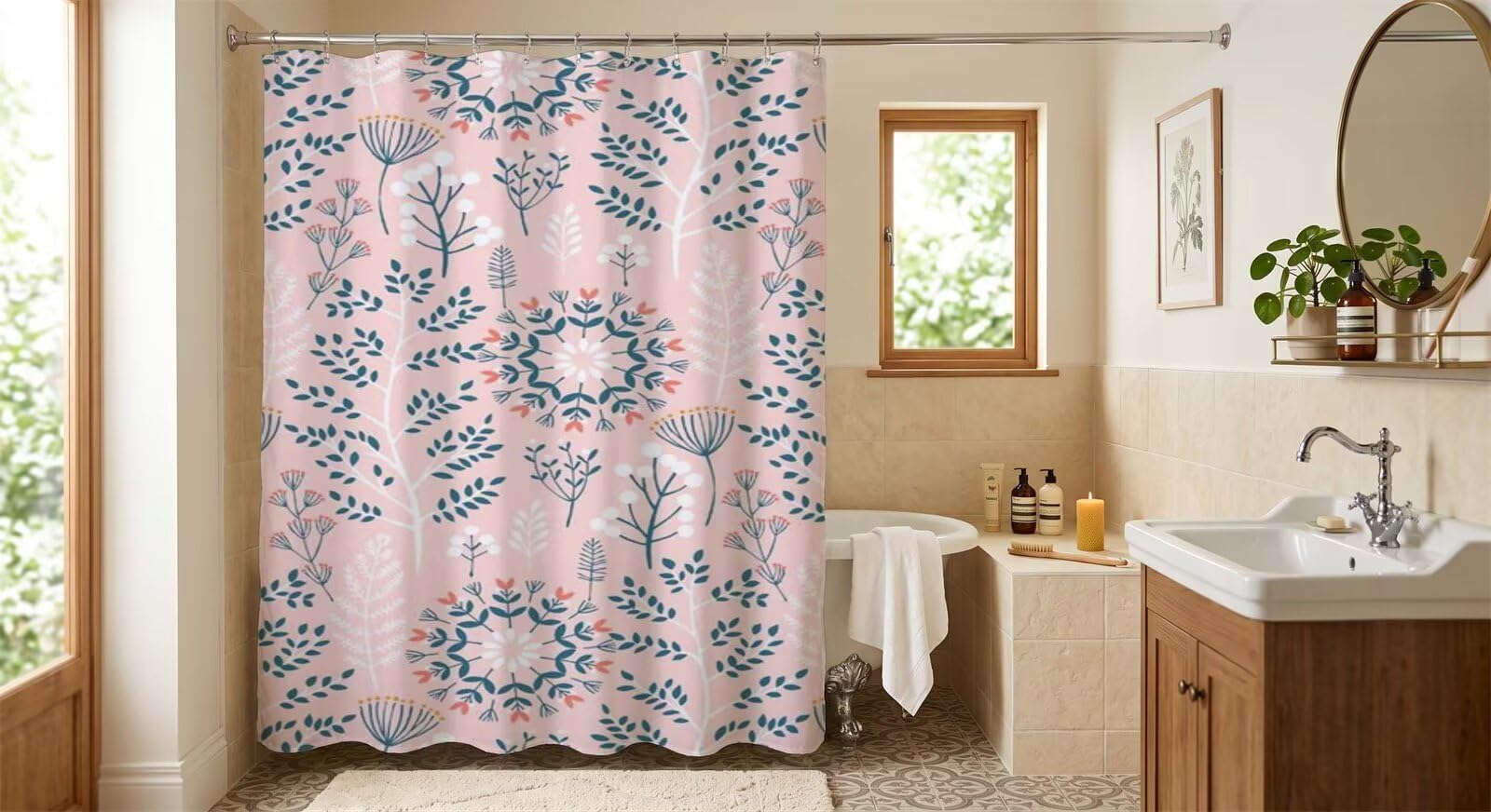 Rideau de douche imprimé rose bleu blanc pour sublimer votre salle de bain
