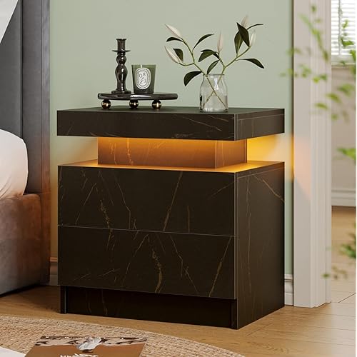 Generic Nightstand LED Bedside Table Cabinet Lights Modern End Side with 2 Drawers for Bedroom (Black), 13D x 19W x 20H in