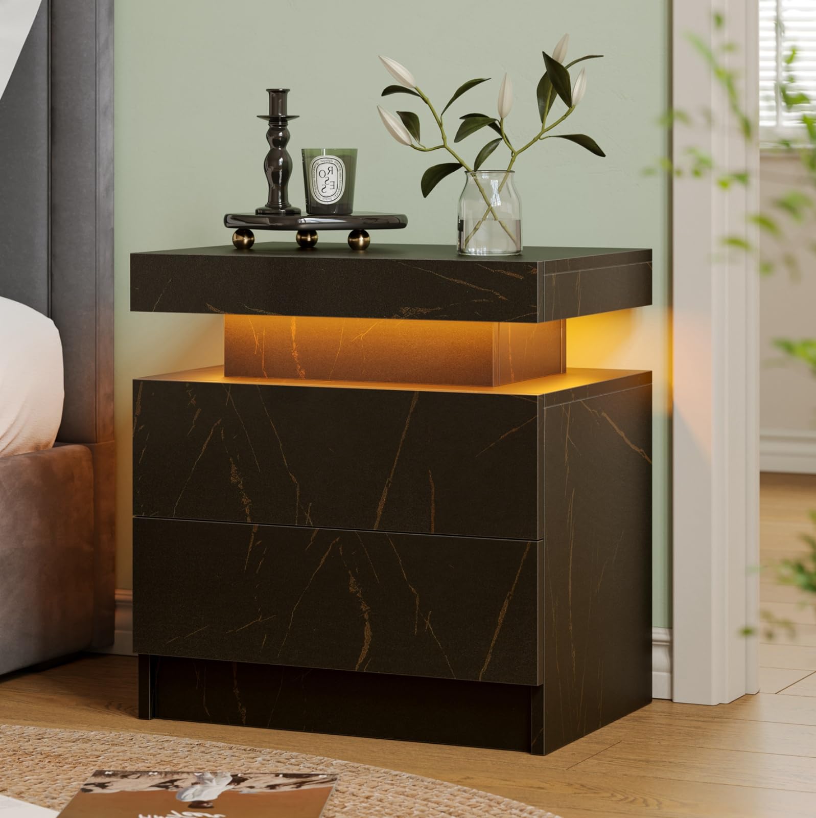Night Stand Side Table for Bedroom with Drawer Nightstand with Led Lights Modern End Tables for Bedroom Black