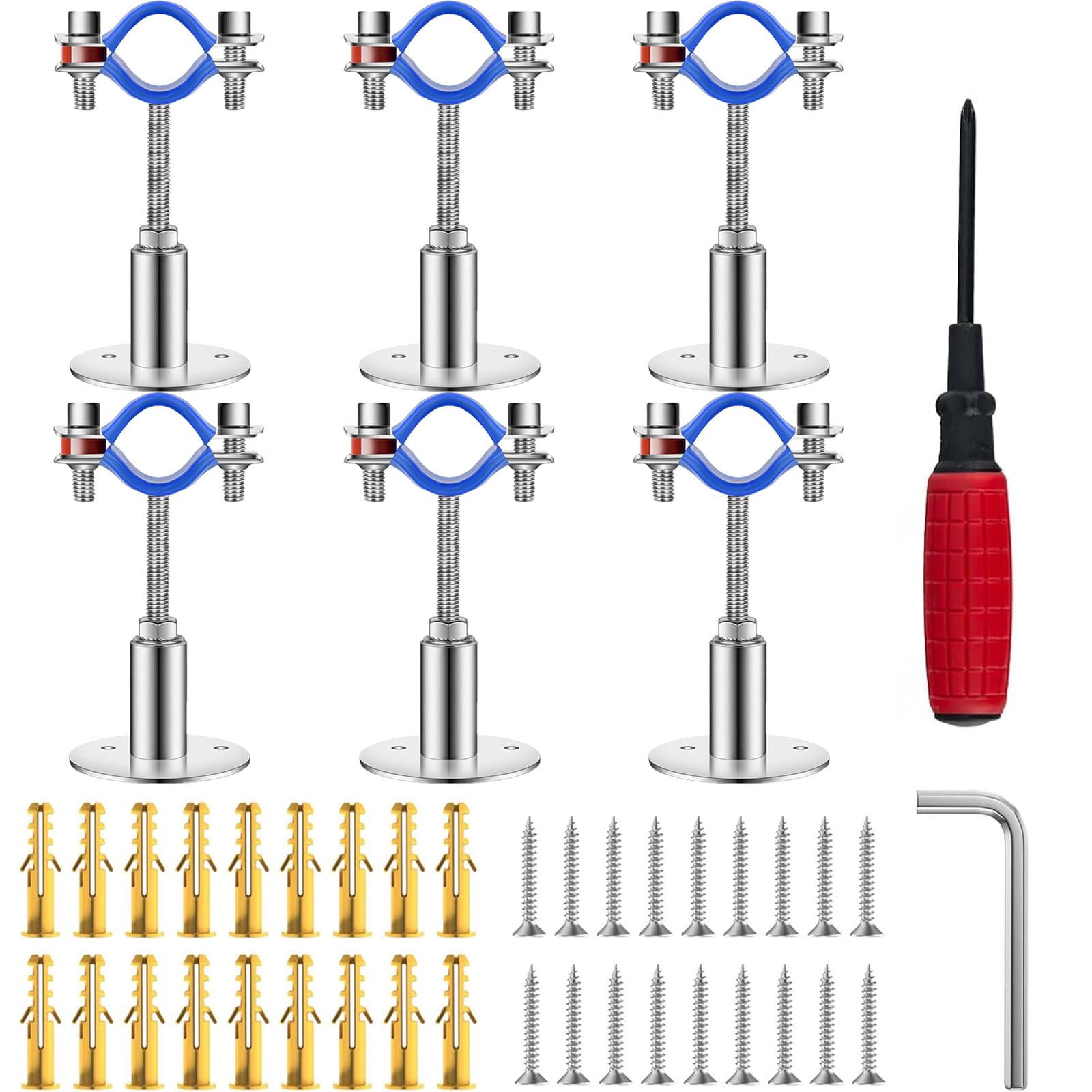 Niciksty 6PCS Stainless Steel Wall Mount Ceiling Mount Pipe Supports Bracket, Suitable for OD Pipe 1.5"-1.57"(38-40mm), Adjustable Height 50-100mm, Pipe Strap Clamp for PVC Metal Water Pipe Tube