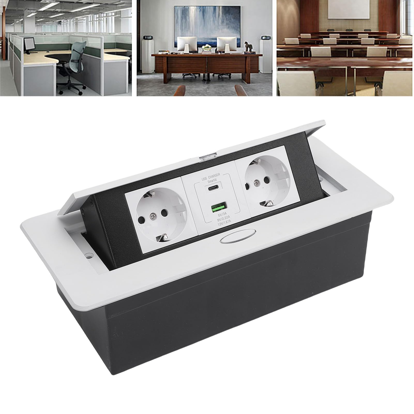 Scatola di Derivazione da Incasso da Tavolo Resistente All'acqua Hub di Alimentazione Sicuro per Ufficio Sala Riunioni Presa da Bancone 2 Fori Fori USB Tipo C, Bianco