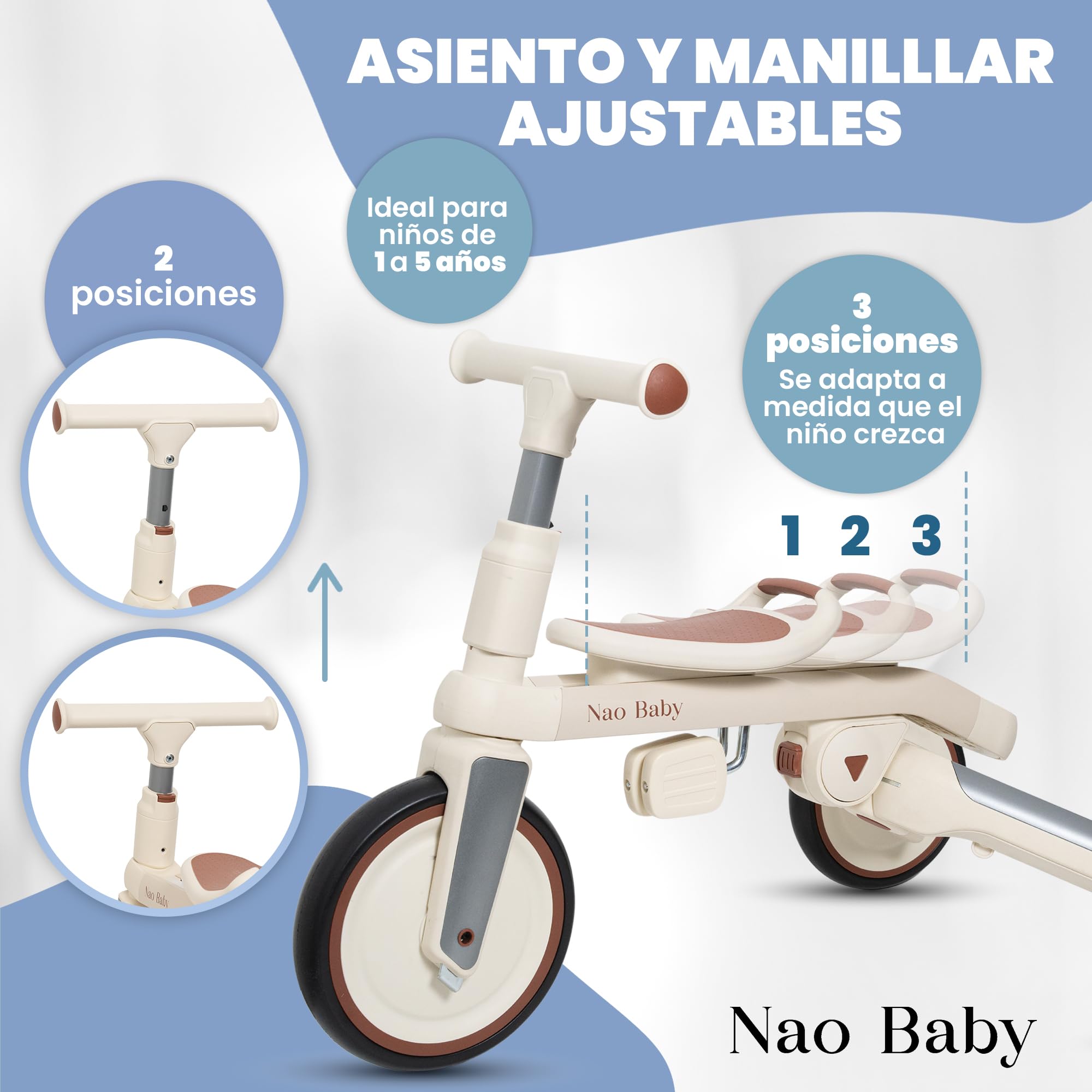 Triciclo Evolutivo Plegable y Ajustable para Bebé y Niño (1-5 Años) con Barra de Empuje Direccional – Ideal como Bicicleta Niño 2 Años, Triciclo Bebé 1 Año y Correpasillos (Sin Capota)
