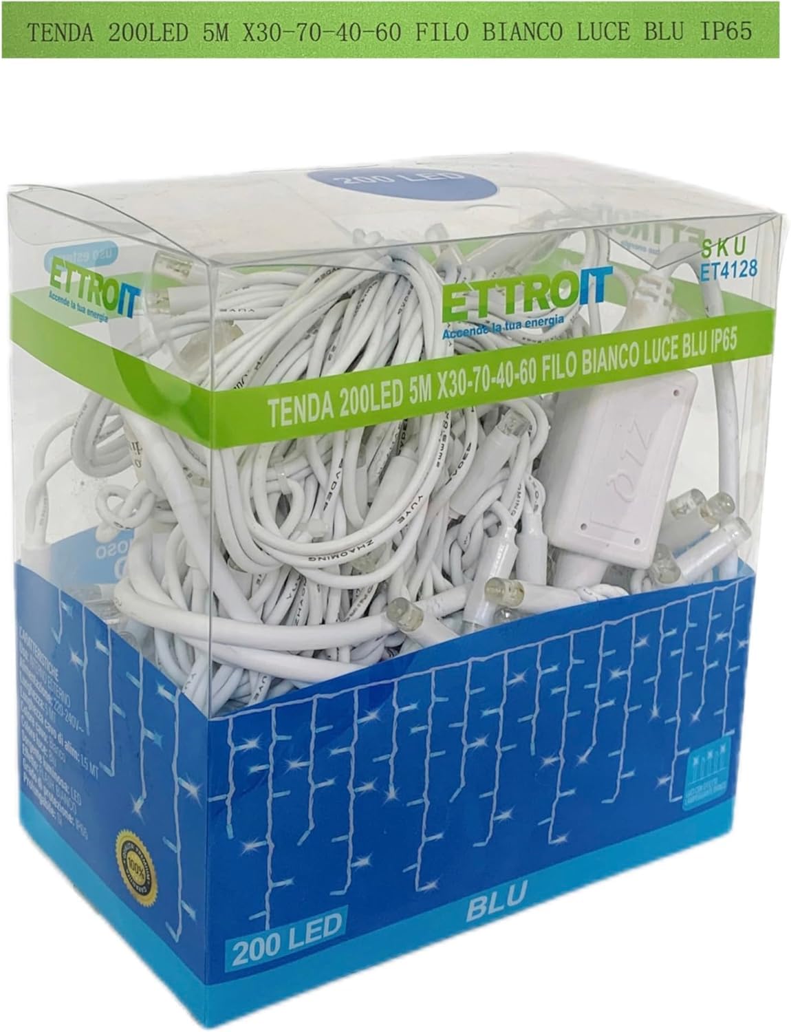 Elektronova Tenda Luminosa 200 LED, 5Mt, Luce Blu, Cavo Bianco, IP65, Prolungabile, Effetto Flash, Con fili pendenti a lunghezze alternate (30–70–40–60 cm) per effetto a cascata