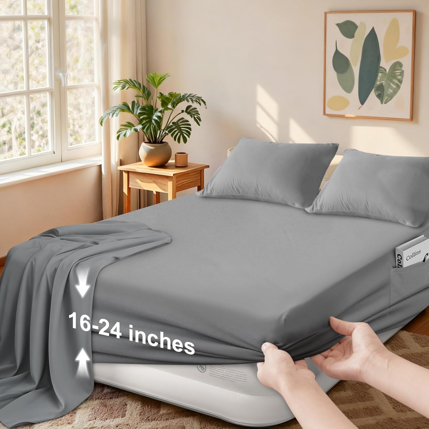 SPRINGSPIRIT Deep Pocket Sheets Queen Sheet Sets for Air Mattress with Pocket on Side, 4 Piece Sheet Set Queen Size Extra Deep Pocket up to 24’’, Grey