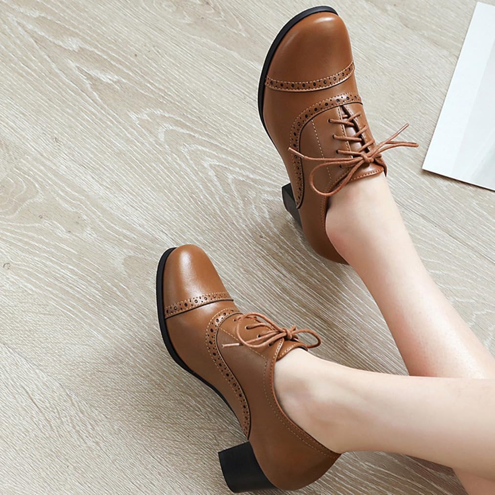 Women's Oxfords Wingtip Lace Up Chunky High Heels Pumps Square Closed Toe Vintage Brogue Dress Shoes - Image 8