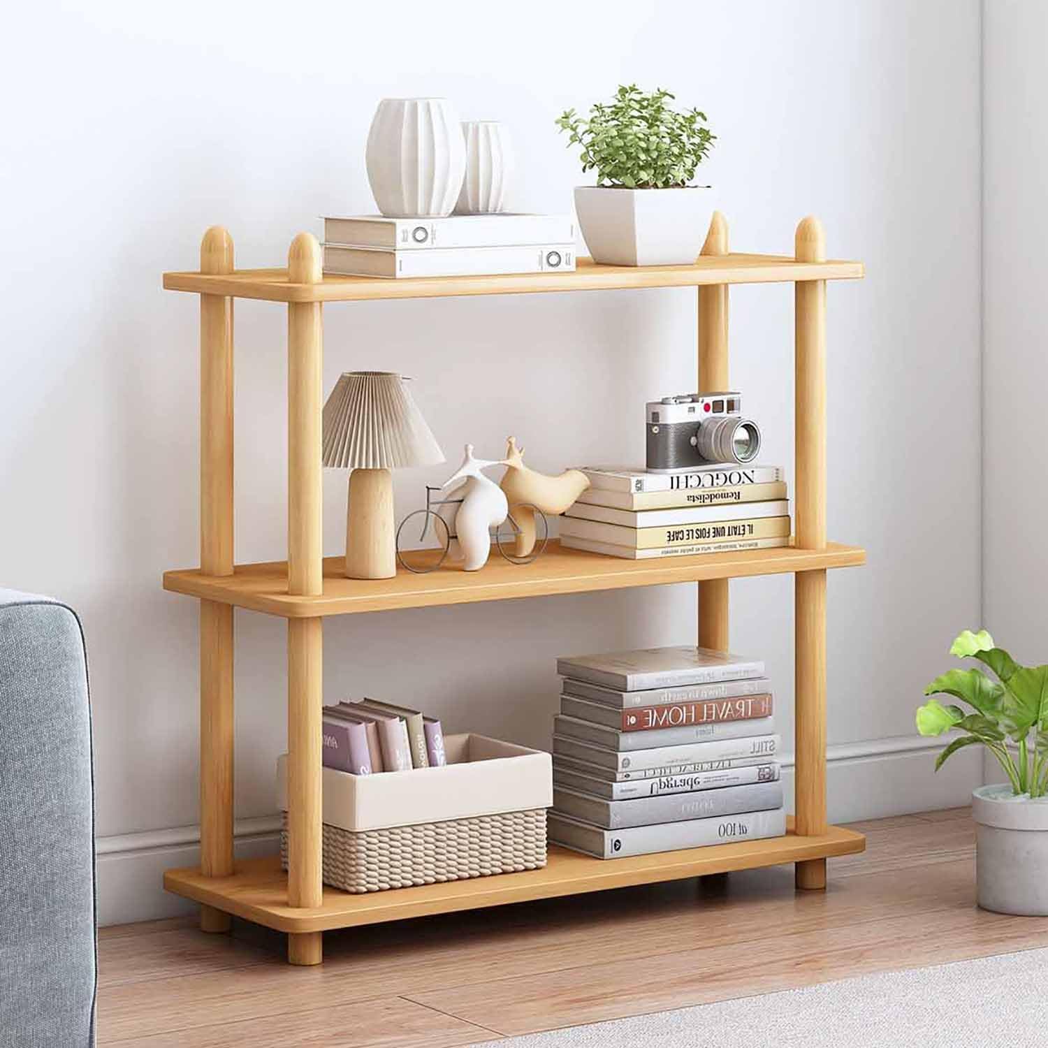 IOTXY 3-Tier Wooden Shelf Bookcase - Modern Open Bookshelf, Free Standing Storage Rack, Multifunctional Display Stand for Home and Office, Oak, Rectangle