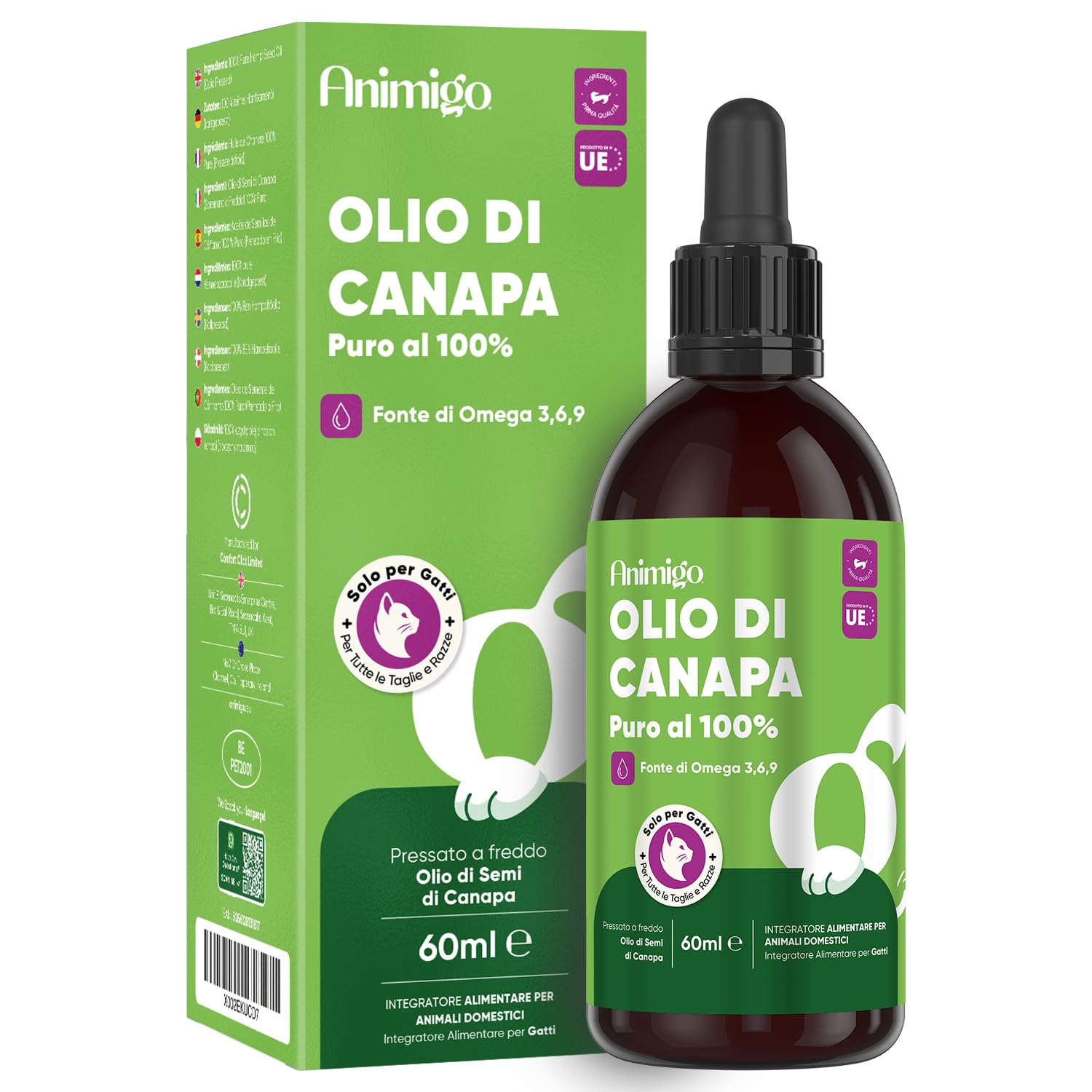 Olio di Semi di Canapa per Gatti, 100% Puro, Pressato a Freddo, Fonte di Omega 3, 6, 9, Gocce da 60ml, Adatto a Tutte le Razze, da 12 Settimane di Età, Completamente Privo di Additivi, Prodotto in UE