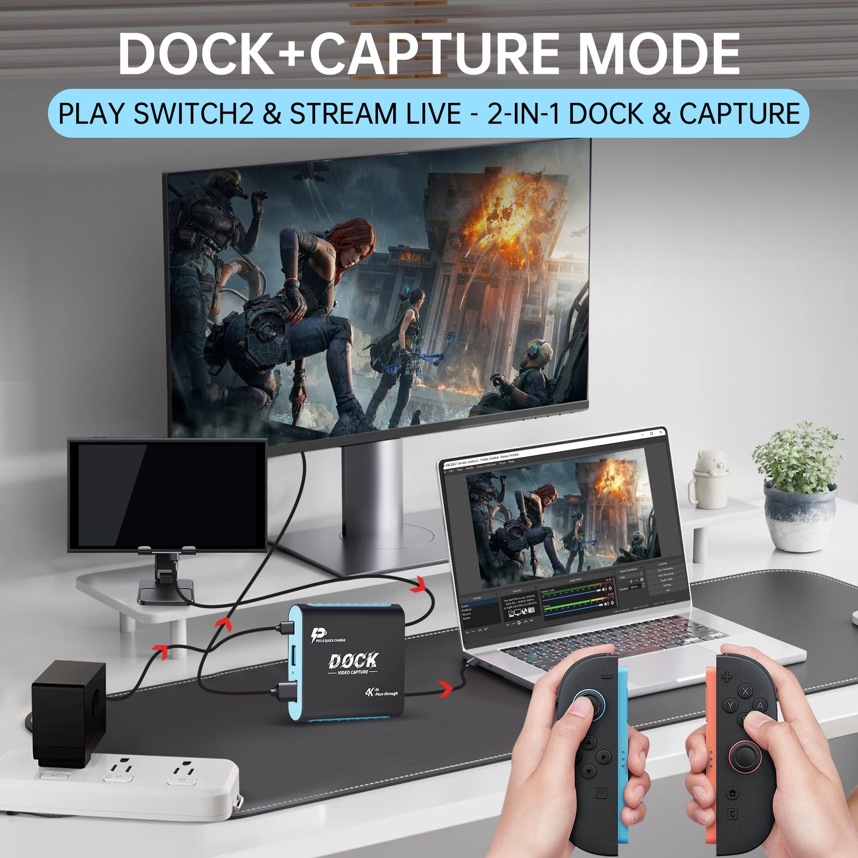 Docking station e acquisizione 2 in 1 per Nintendo Switch 2/Switch/Steam Deck-1080P 60Hz, USB3.0, docking station HDMI 4K con ricarica USB-C PD 100W | Dock da viaggio portatile per streaming di giochi