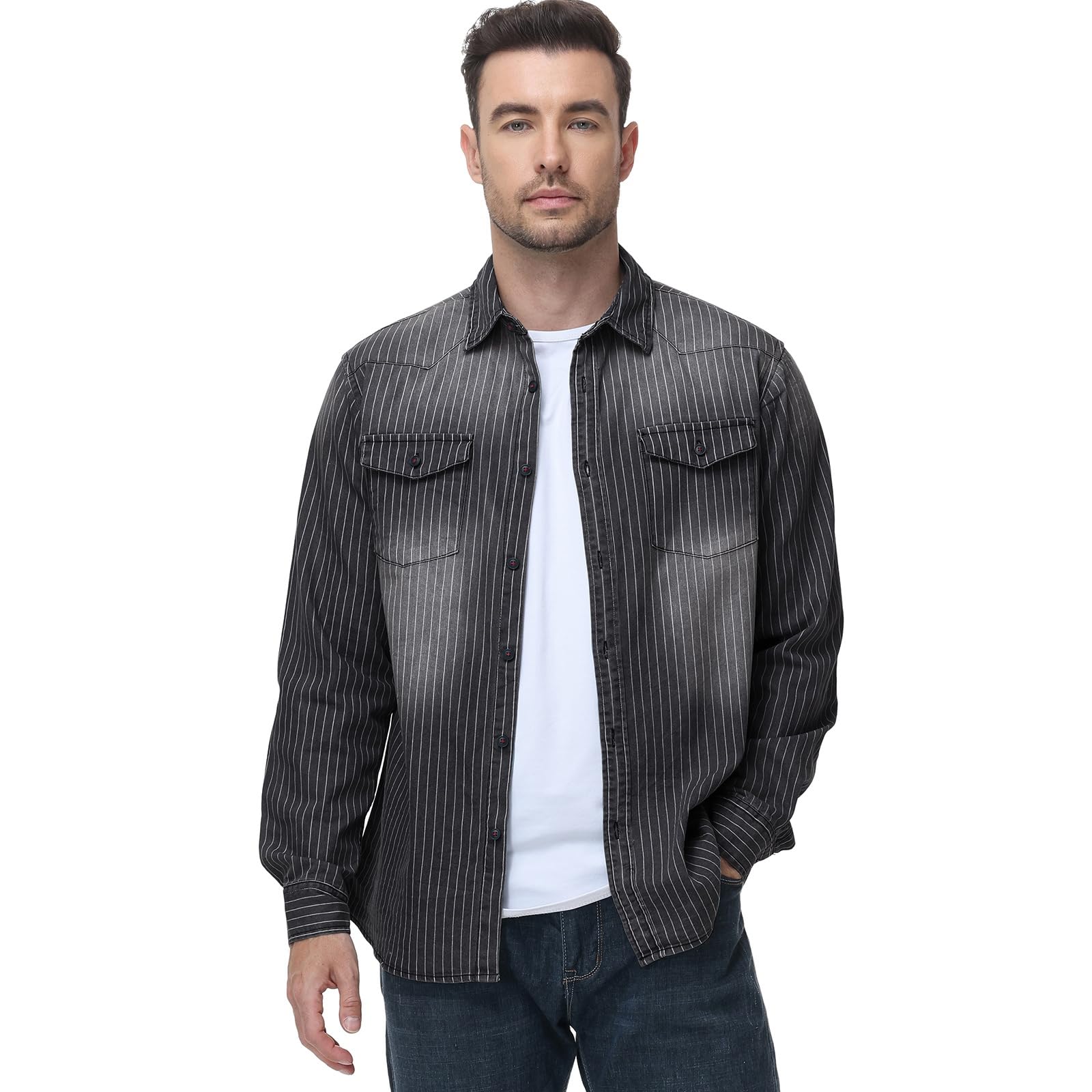 HOTIAN - Camisa vaquera de manga larga para hombre, camisa de ocio, camisa de negocios, corte entallado