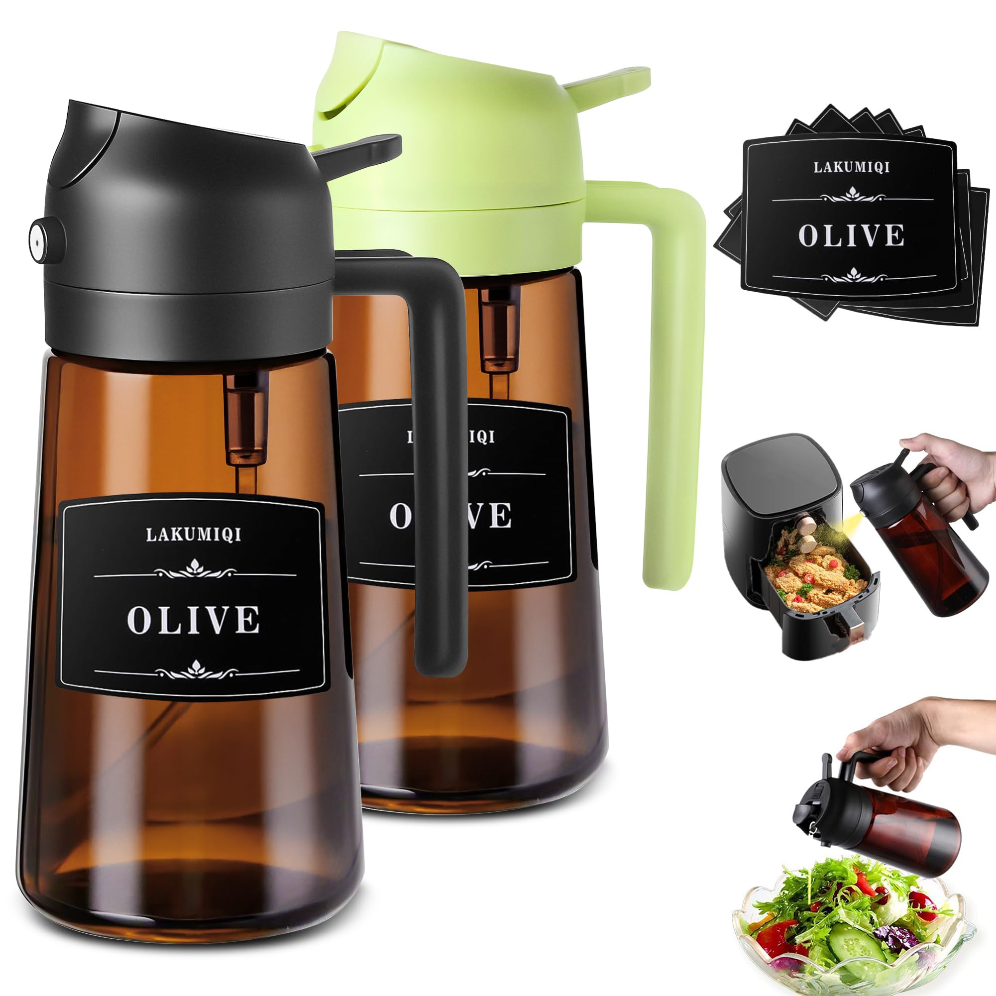 Oliver Oil Sprayer Dispenser for Cooking Bottle 16oz Dark Glass Black Green | 2-in-1 Lightproof Borosilicate Glass Oil Bottle, Wide Mouth for Easy Refill Clean