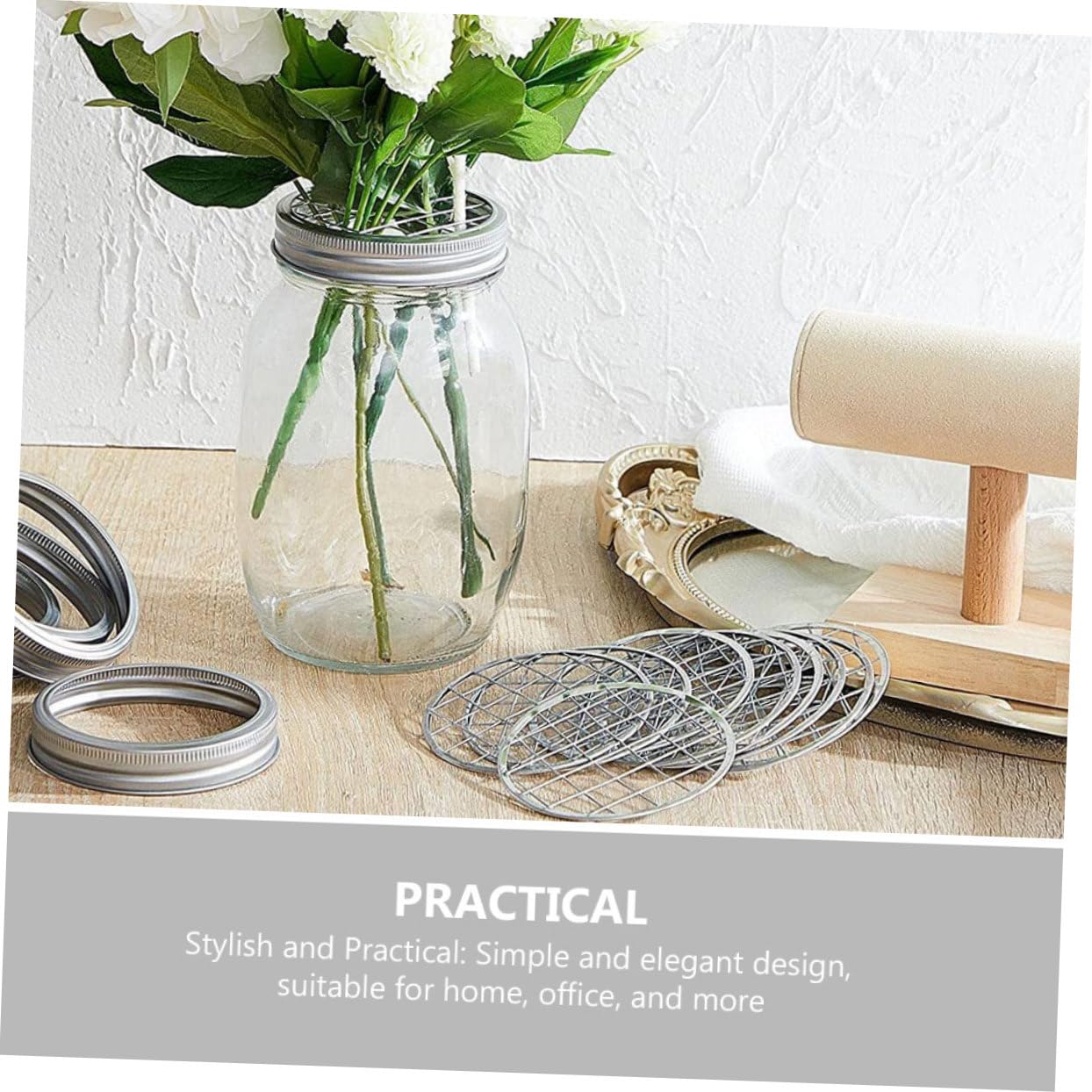 COSMEVIVI Stainless Steel Floral Grid Vase Grid 12pcs Reusable Metal Pen Holder Cover for Mason Jar