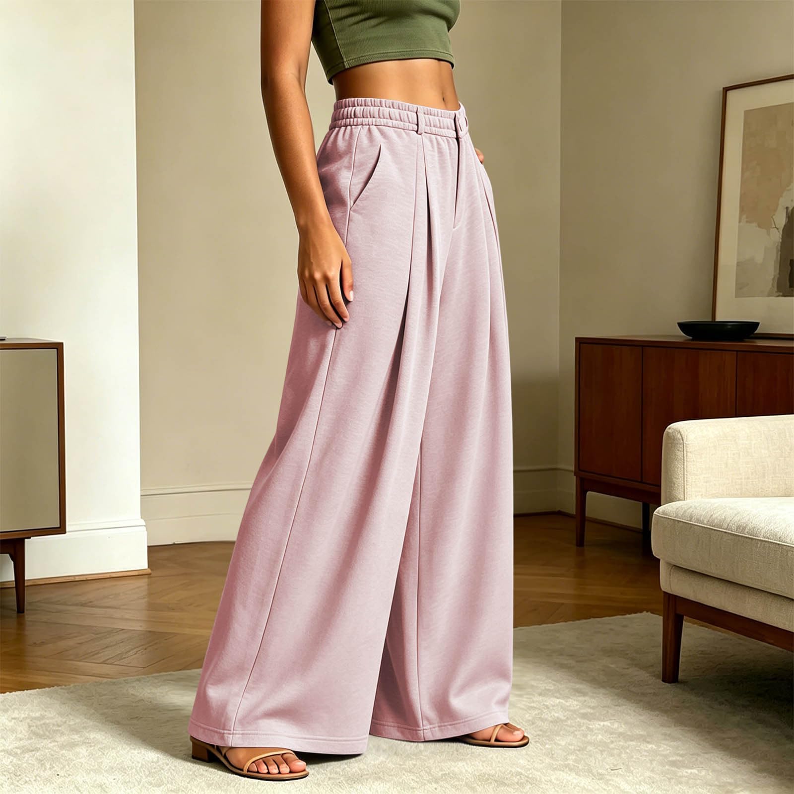 Pantalon Large Femme Bouton Taille Élastique Poch Doubles Fermeture Éclair