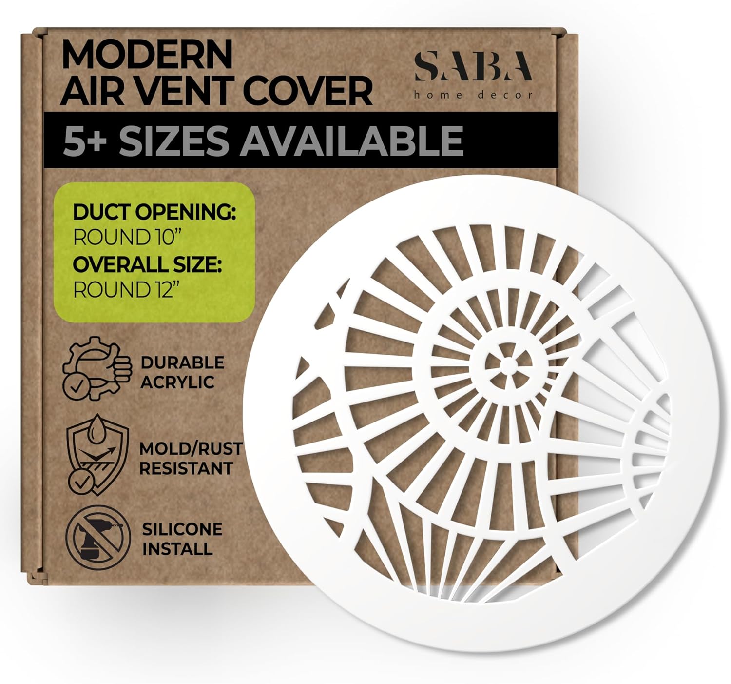 SABA Home Decor Air Vent Cover Grille - Acrylic Plexiglass 10" Round Duct Opening (12" Round Overall) White Finish Decorative Register Covers for Walls & Ceilings NOT for Floor USE, Waterwheel