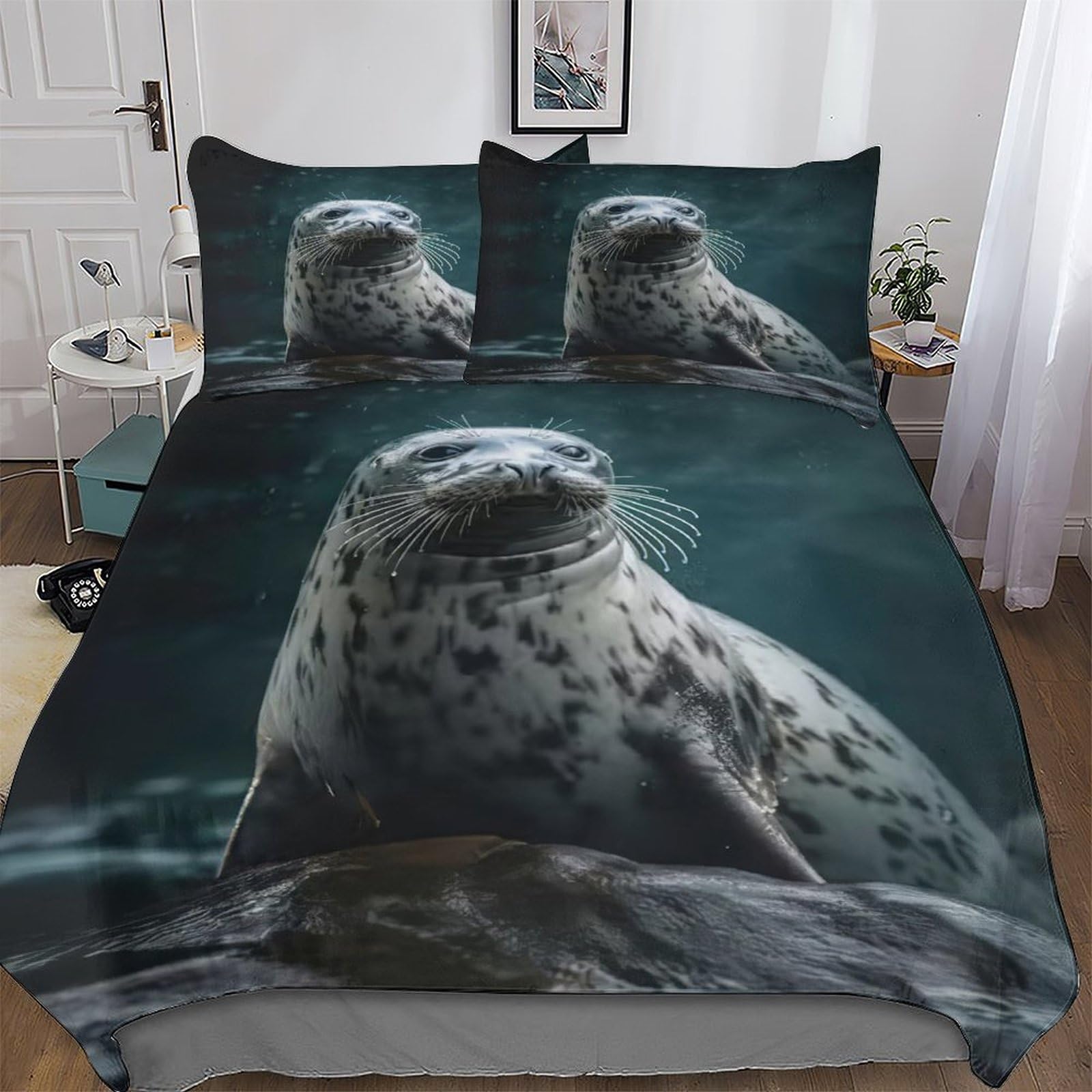 Pazzk Seal 3D Printed Bedding Set Comforter Cover 3 Pcs With Pillowcases With Zipper Closure For Adults Teenager Kids Quilt Cover Soft Anti-Allergic Duvet Cover Double (200X200cm)