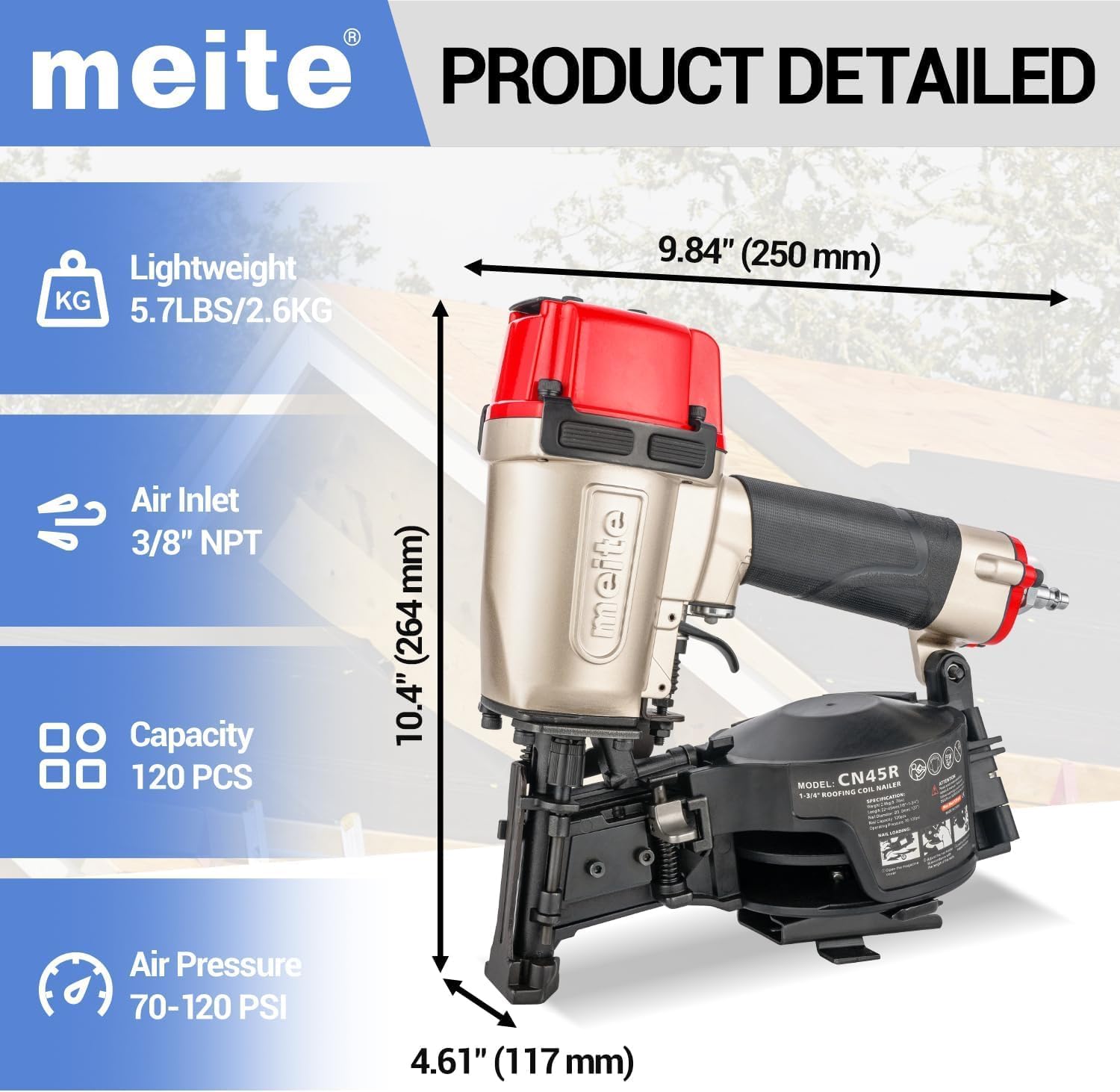 meite CN45R Roofing Nailer 15 Degree Coil Roofing Nail Gun, Pneumatic Nail Gun Accepts 7/8" to 1-3/4" Coil Roofing Nails, Roofing Nailer with 120 Nail Magazine for Asphalt Shingles Decking Sheathing