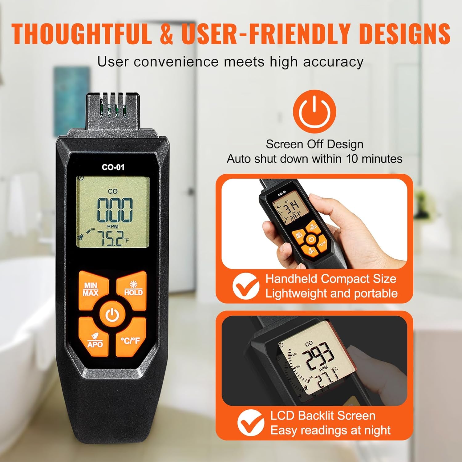 Happybuy CO Gas Monitor, 0-1000PPM Range, Features Sound & Light Warning, Handheld Carbon Monoxide Meter with Temp Sensing, Digital Display with Backlight, Suitable for Household/Industrial Use