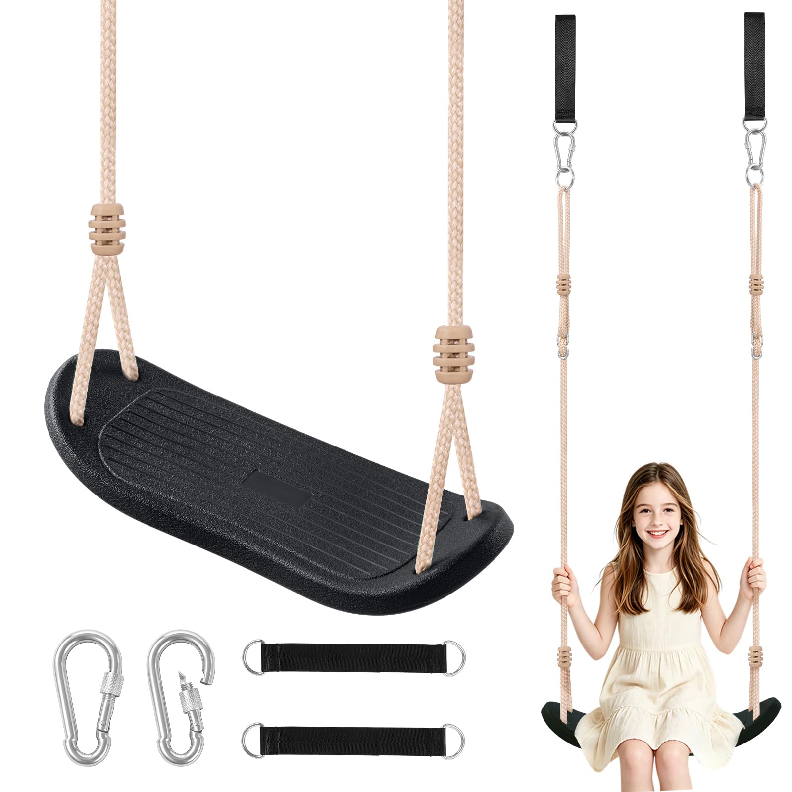 Balançoire d'arbre pour Enfants - Siège Ergonomique résistant jusqu'à 120 kg, avec Cordes réglables et 2 mousquetons, pour Jardin et Aire de Jeux extérieure, Noir