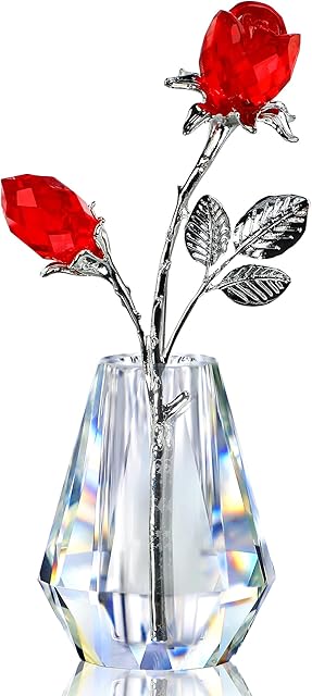 H&D HYALINE & DORA Crystal Red Roses,Glass Rose Flower Figurine with Silver Pole ,Forever Crystal Rose Paperweight Romantic Gift for Her/Wife/Mom/Women