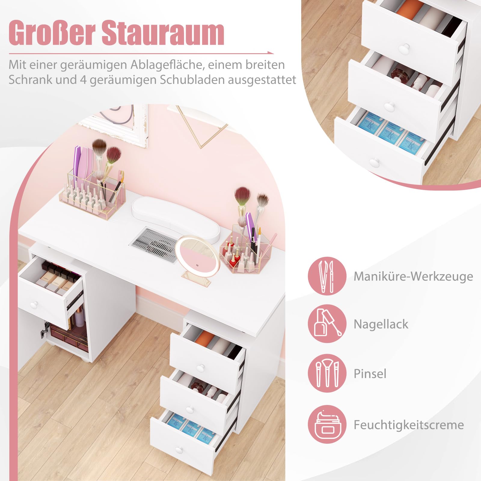 DREAMADE Manikürtisch, Nageltisch mit Staubabsaugung & 3 Staubbeuteln, Nagelstudio Tisch mit Handauflage, Schubladen, Schrank, Maniküre Tisch auf Rollen für Zuhause, Studio, Schönheitssalon (Weiß)