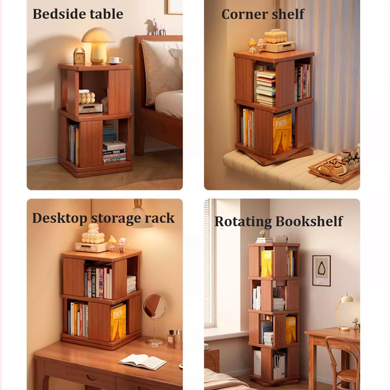 Scaffale per libri rotante in legno, scaffale angolare a più livelli con base robusta per riporre libri, esporre statuette e organizzazione di cancelleria