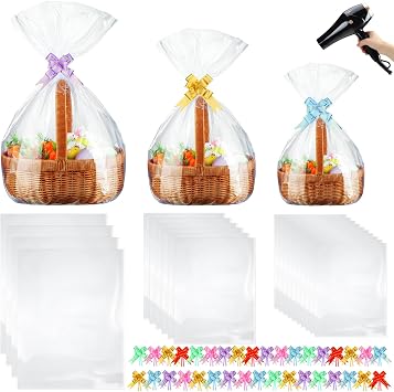 CHENGU 80 Pcs 3 Sizes Shrink Wrap Bags for Gift Baskets 20" x 28" 16" x 24" 14" x 18" Clear plastic Heat Shrink Cellophane Bags and 6 Color Pull Bows for easter Christmas Baskets Packaging