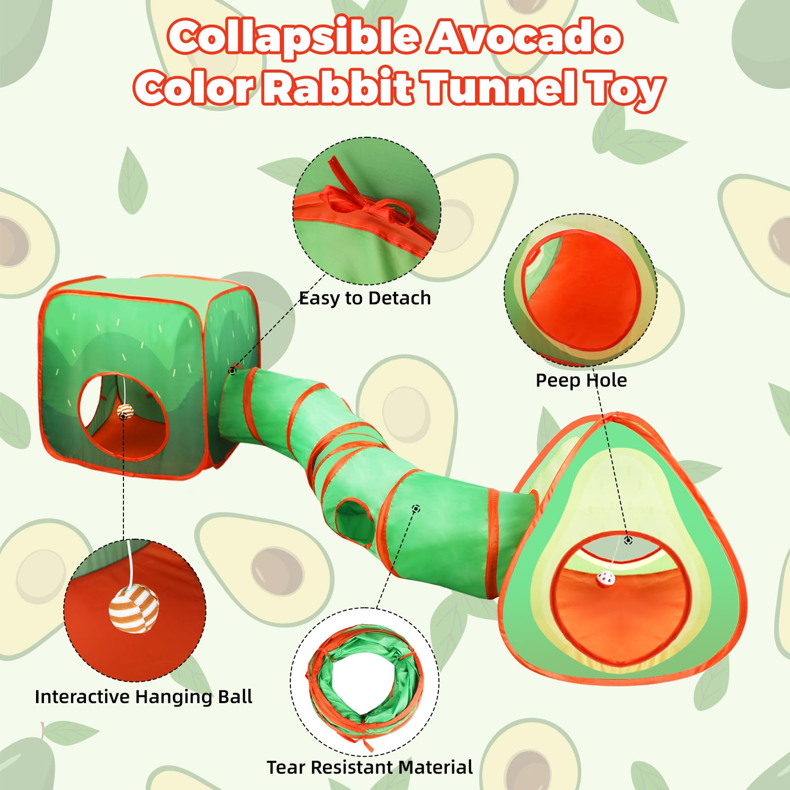 YUEPET Tunnel et cube pliable pour lapin interactif avec balle de jeu pour lapin nain, lapin, cochon d'Inde (avocat)