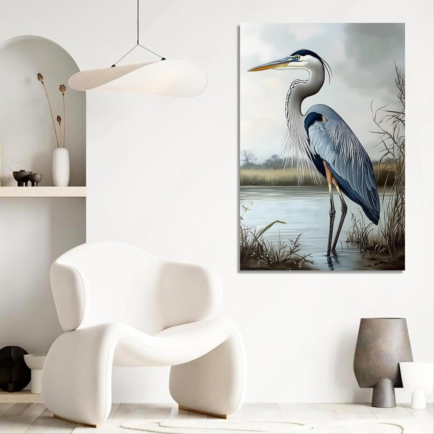Yemwot Blue Heron Canvas Wall Art, Blue Heron in Lake Canvas Wall Art, Bird Picture Print, Wetland Birds Print Decor, Animal Painting, Living Room, Bedroom, Kitchen Decor (24"x36")